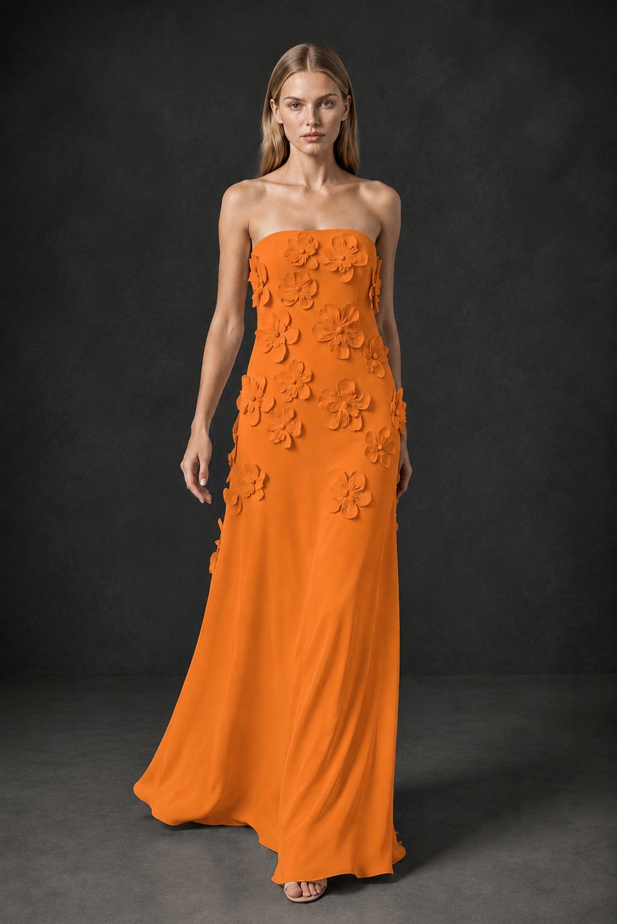 BOLODOO Orange Strapless 3D Floral Appliqué Crepe Maxi Gown - Orange
