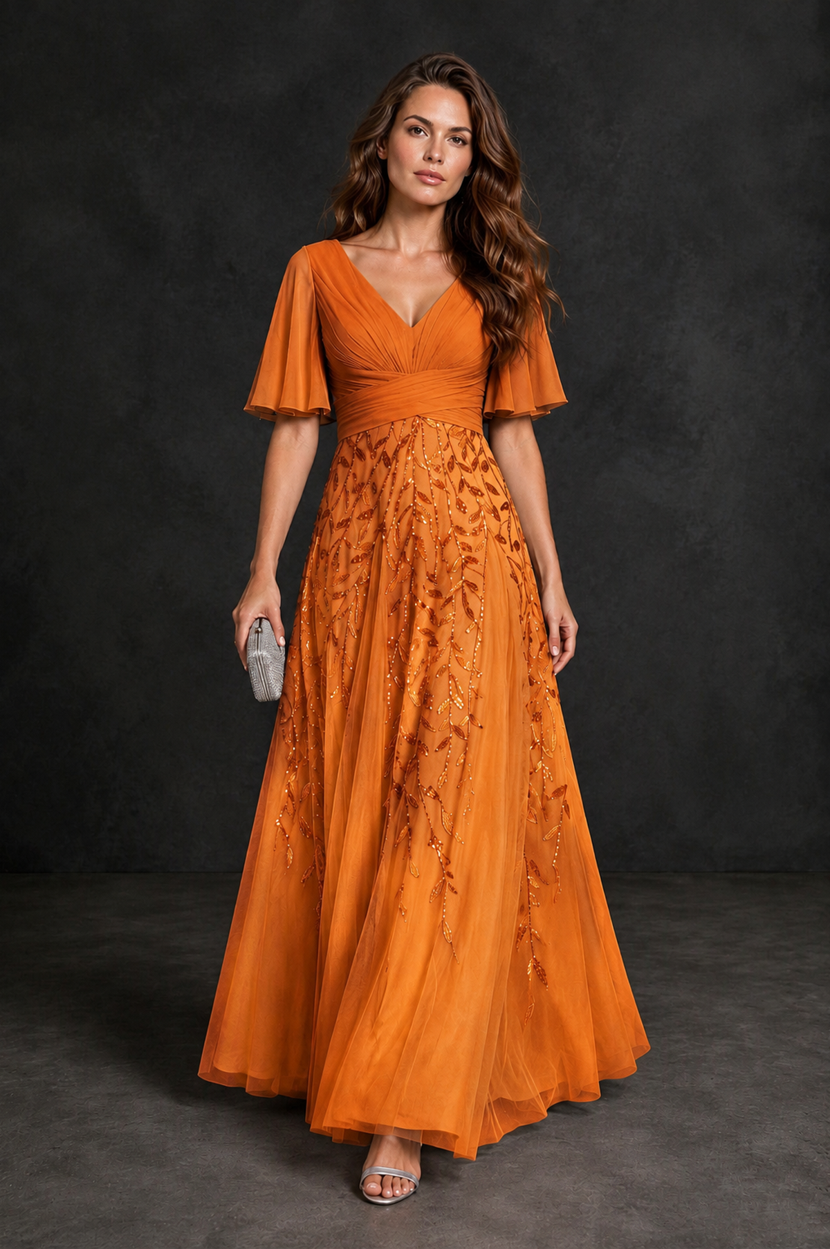 BOLODOO Orange V-Neck Flutter Sleeve Beaded Botanical Tulle A-Line Gown | Mother of the Bride Evening Dress - Orange - Orange_4