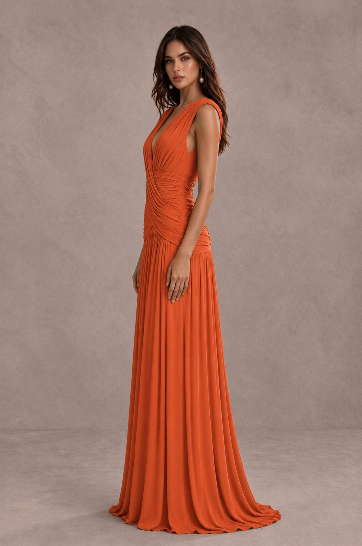 BOLODOO Orange V-Neck Ruched Wedding Guest Dress - Orange - Orange_4