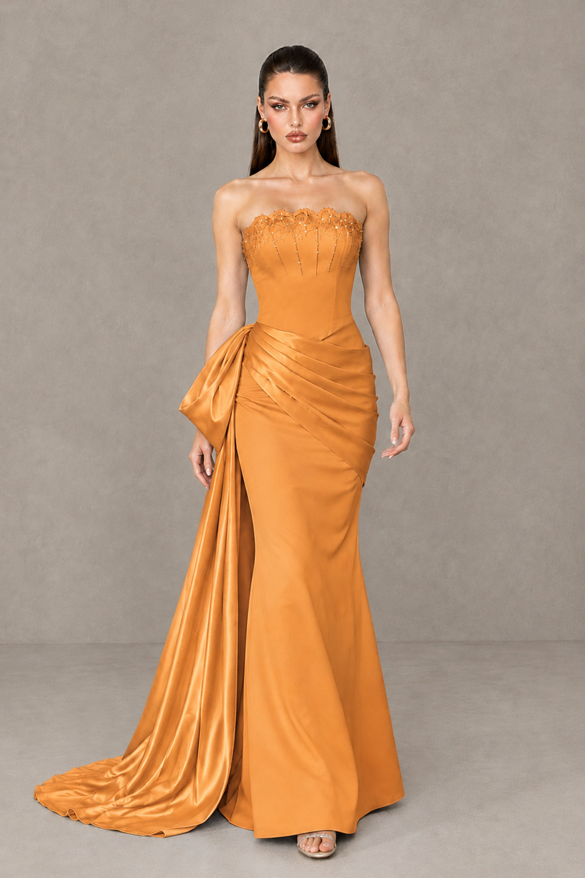 BOLODOO Orange Strapless Satin Prom Dress with Draped Side Train - Orange - Orange_4