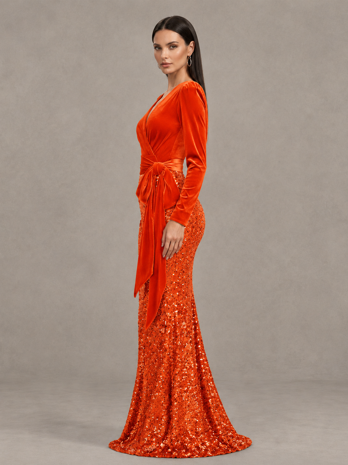 BOLODOO Orange Velvet & Sequin Long Sleeve V-Neck Mermaid Evening Gown - Orange - Orange_4