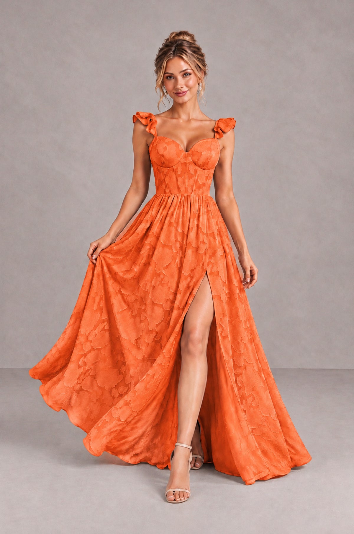 BOLODOO Orange Floral A-Line Bridesmaid Dress with Slit Ruffle Straps Maxi Gown - Orange - Orange_4