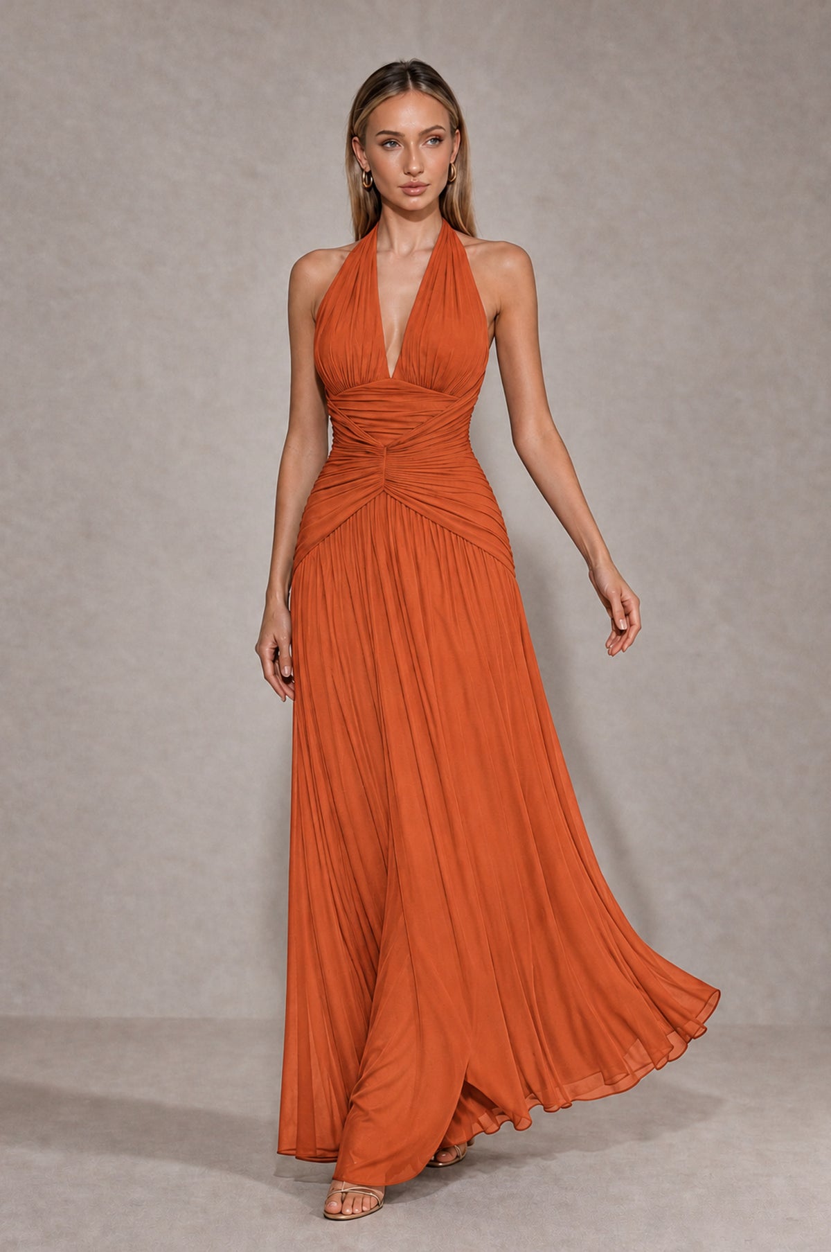 BOLODOO Orange Chiffon Halter Deep V-Neck Ruched A-Line Backless Maxi Dress with Train-BD0167 - Orange - Orange_4