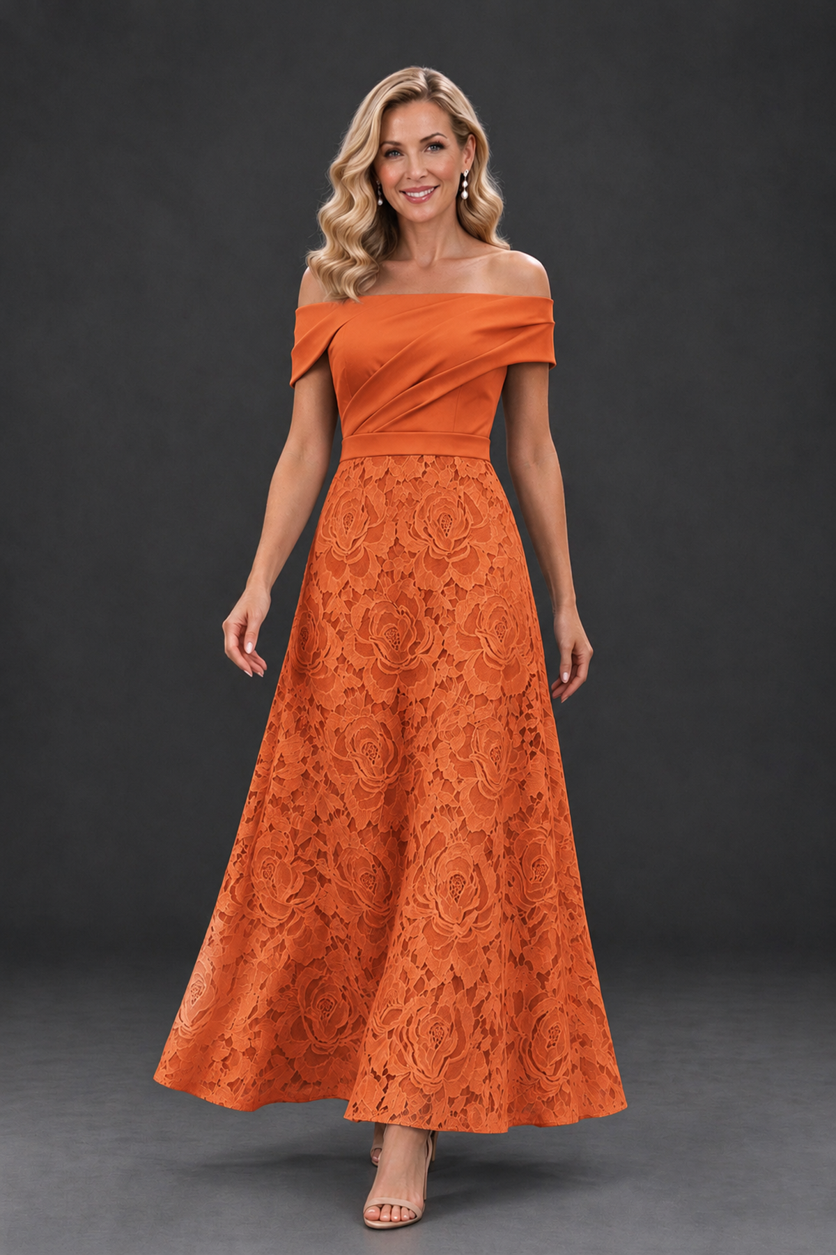 BOLODOO Orange Off-the-Shoulder Floral A-Line Mother of the Bride Dress - Orange - Orange_4