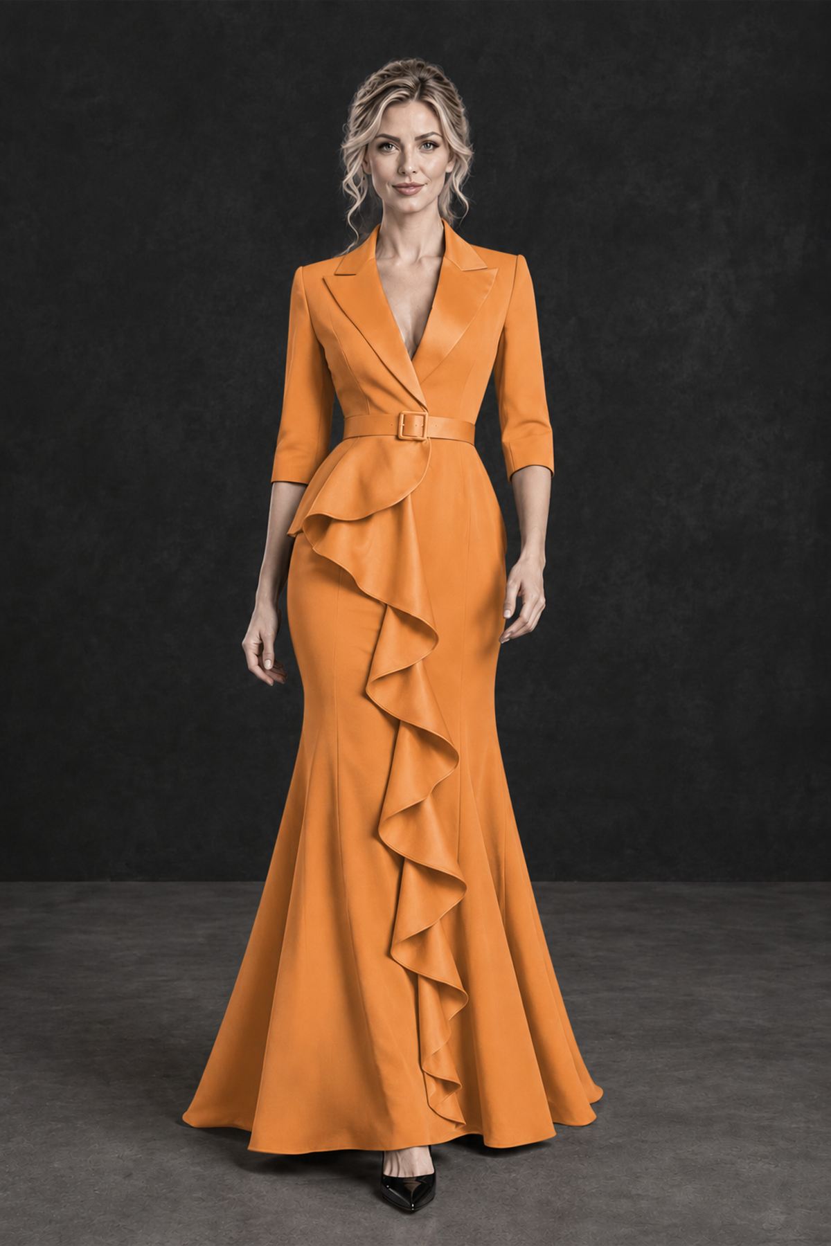 BOLODOO Orange Lapel Ruffle Mother of the Bride Dress with Belt - Orange - Orange_4