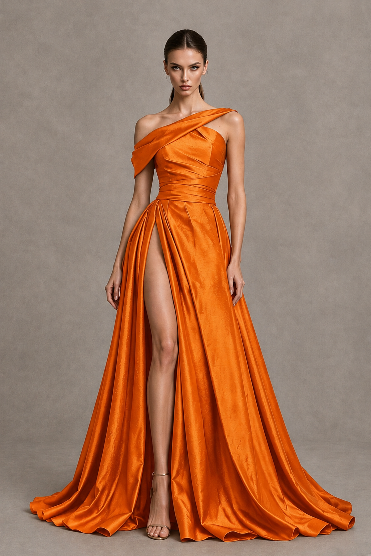 BOLODOO Orange Asymmetric Satin-Look A-Line Prom Dress with High Slit - Orange - Orange_4