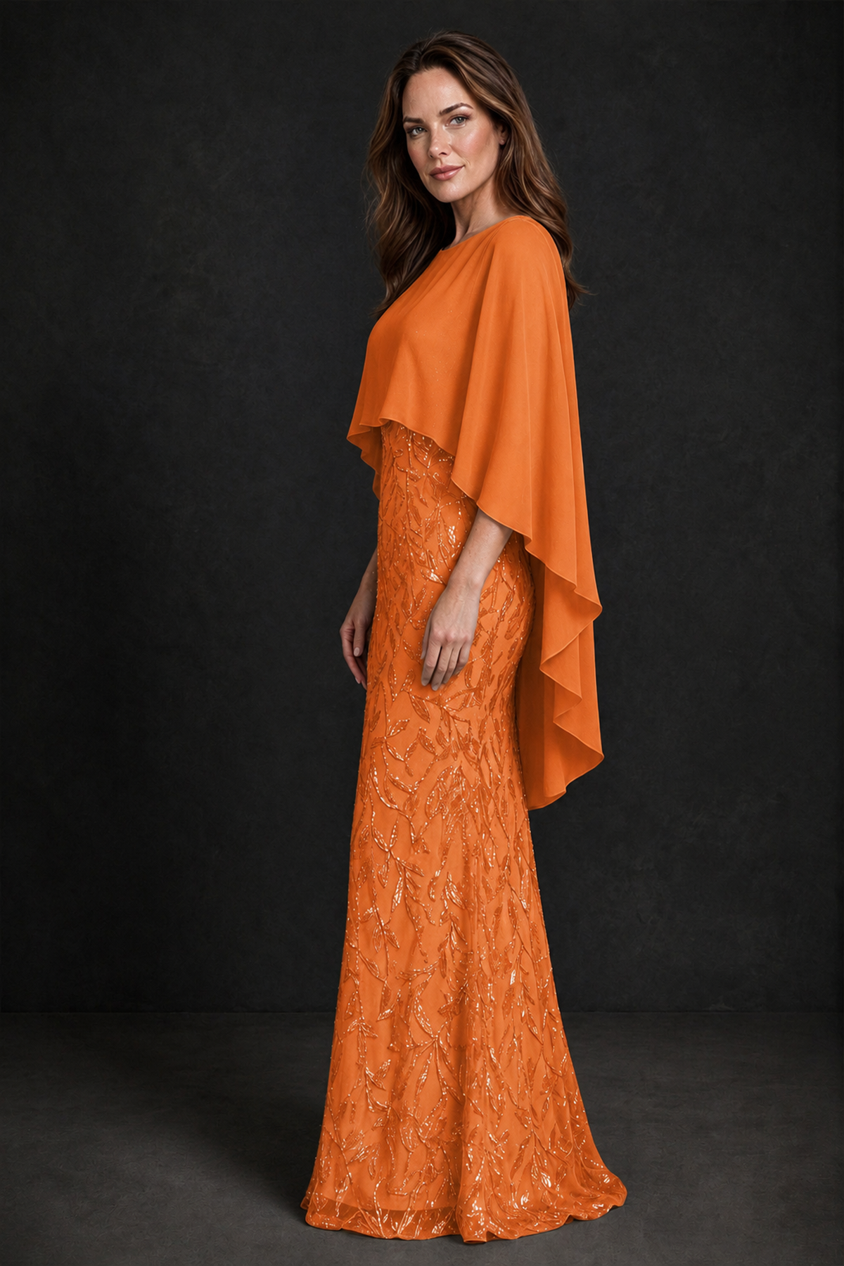BOLODOO Orange Round Neck Chiffon Cape Overlay Sequin Lace Mermaid Maxi Dress - Orange - Orange_4