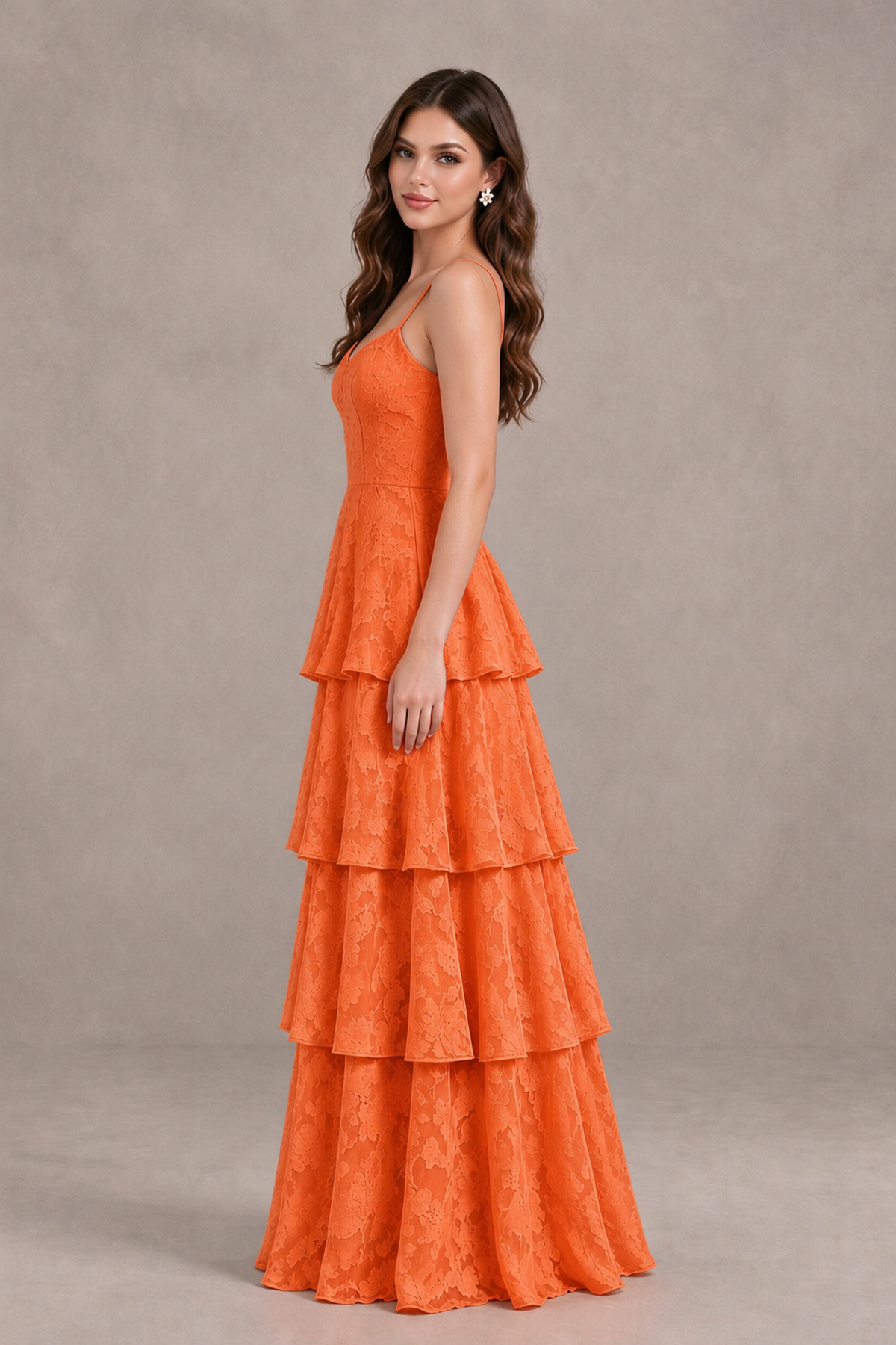 BOLODOO Orange Tiered Floral-Textured Spaghetti Strap Maxi Dress - Orange - Orange_4