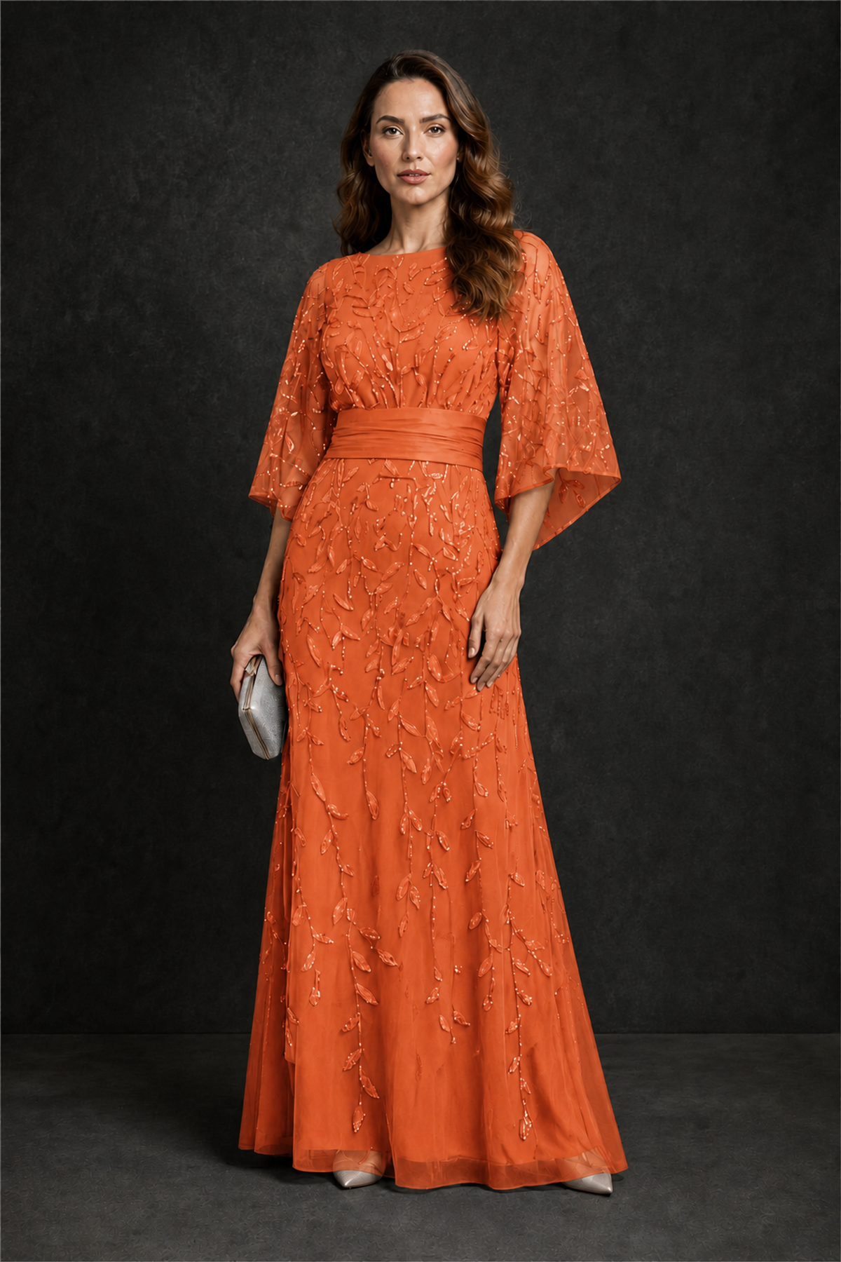 BOLODOO Orange Bateau Neck Bell Sleeve Sequin Embroidered Satin Waist A-Line Maxi Dress - Orange - Orange_4