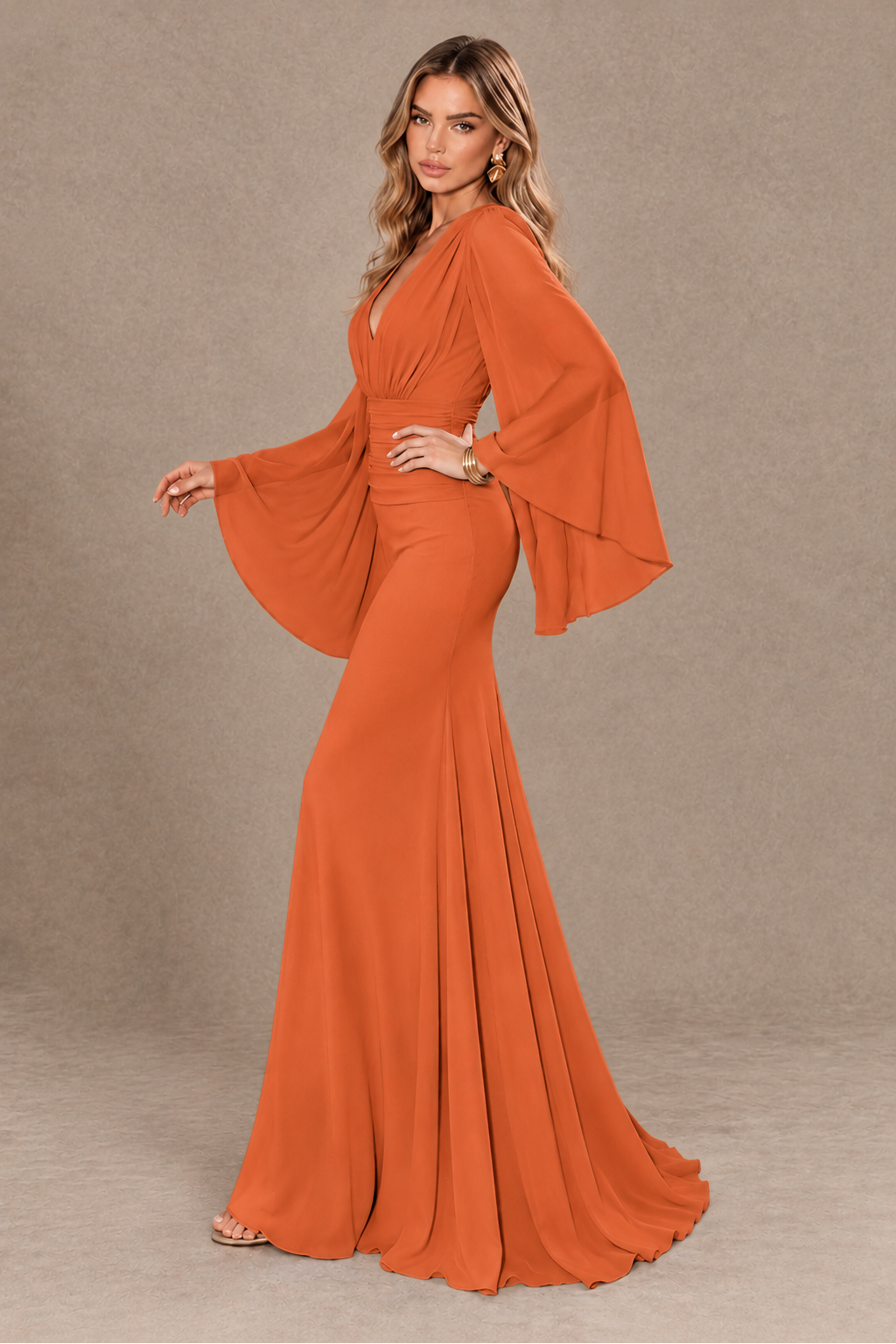 BOLODOO Orange Cape Sleeve V-Neck Ruched Chiffon Evening Dress - Orange - Orange_4