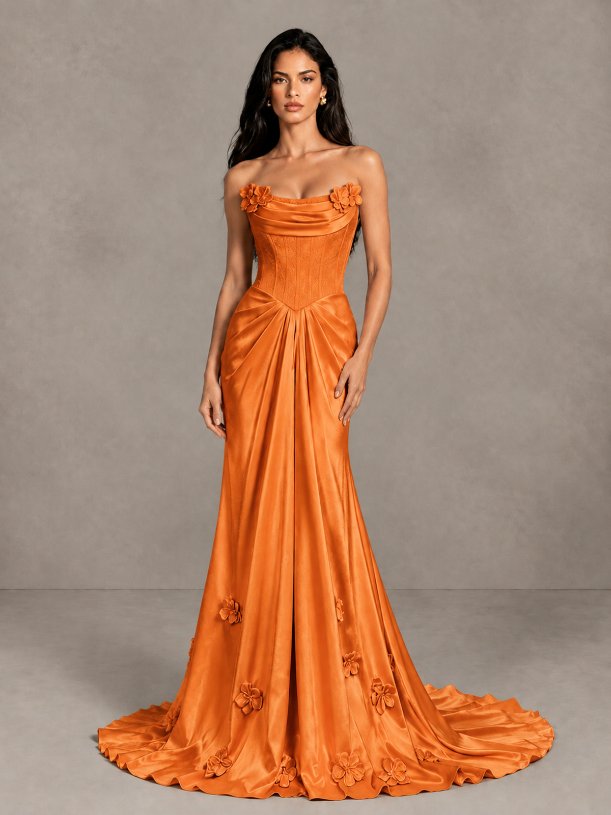 BOLODOO Orange Strapless Floral Corset Evening Gown with Train - Orange - Orange_4