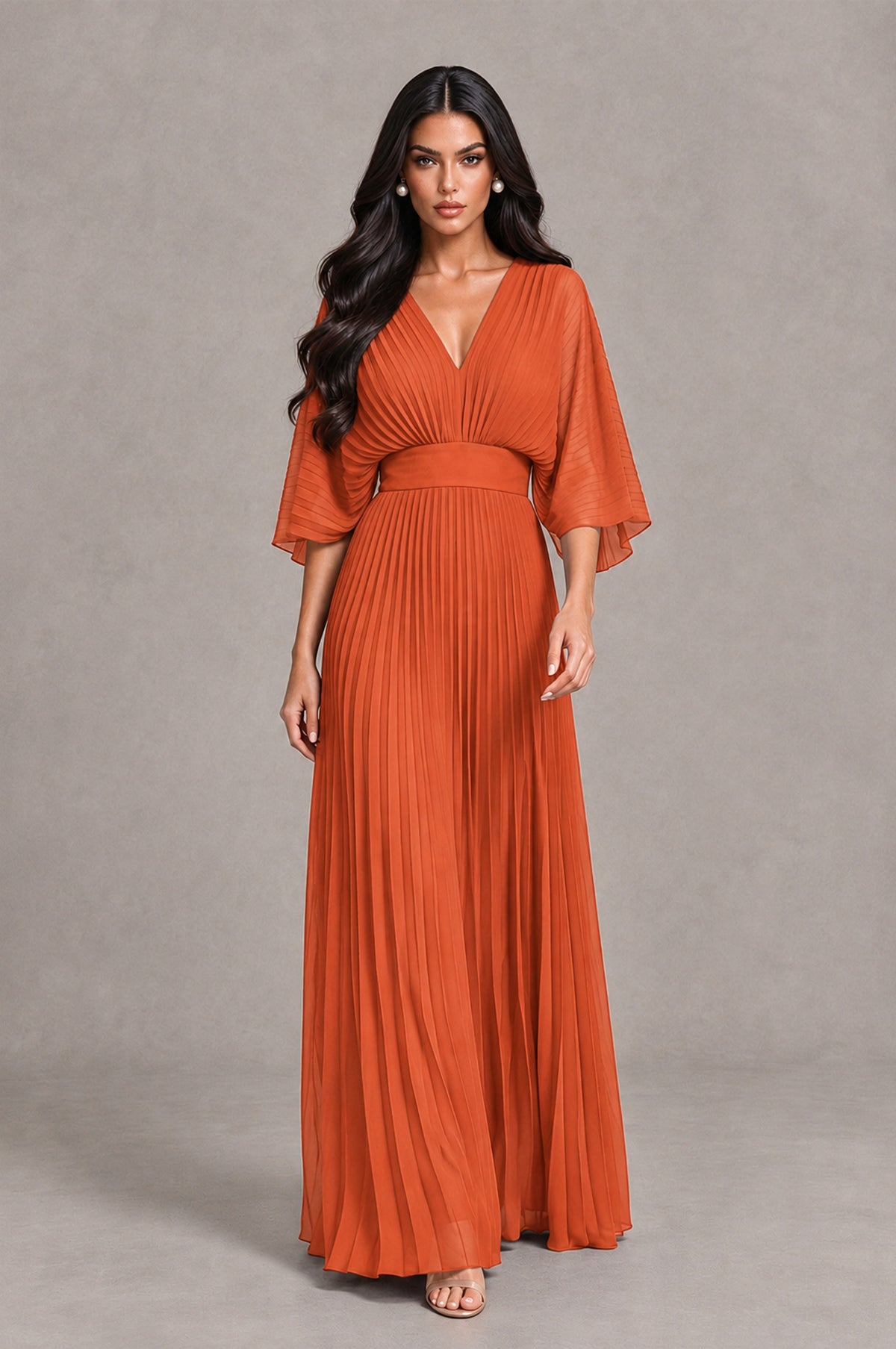BOLODOO Orange V-Neck Pleated Flutter Sleeve Formal Dress - Orange - Orange_4