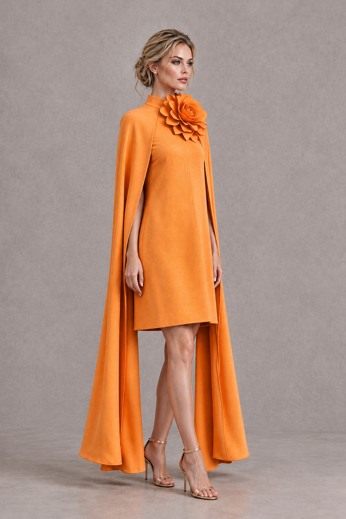 BOLODOO Orange High Neck Floral Cape Mini Cocktail Dress - Orange - Orange_4