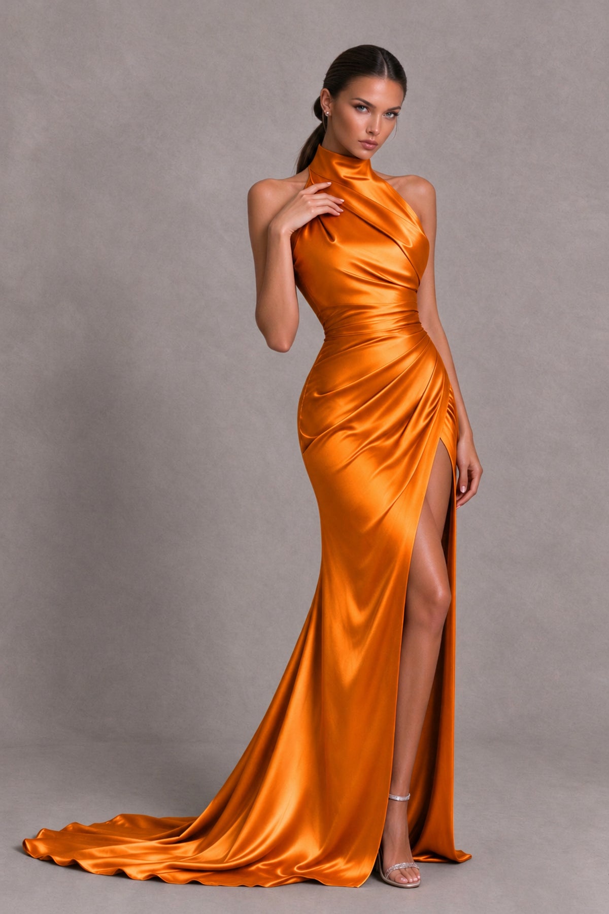 BOLODOO Orange Halter Satin-Look Evening Gown with High Slit - Orange - Orange_4