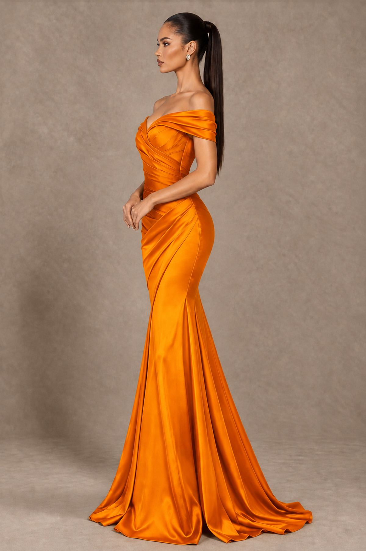 BOLODOO Orange Off-the-Shoulder Ruched Satin Mermaid Evening Dress - Orange - Orange_4