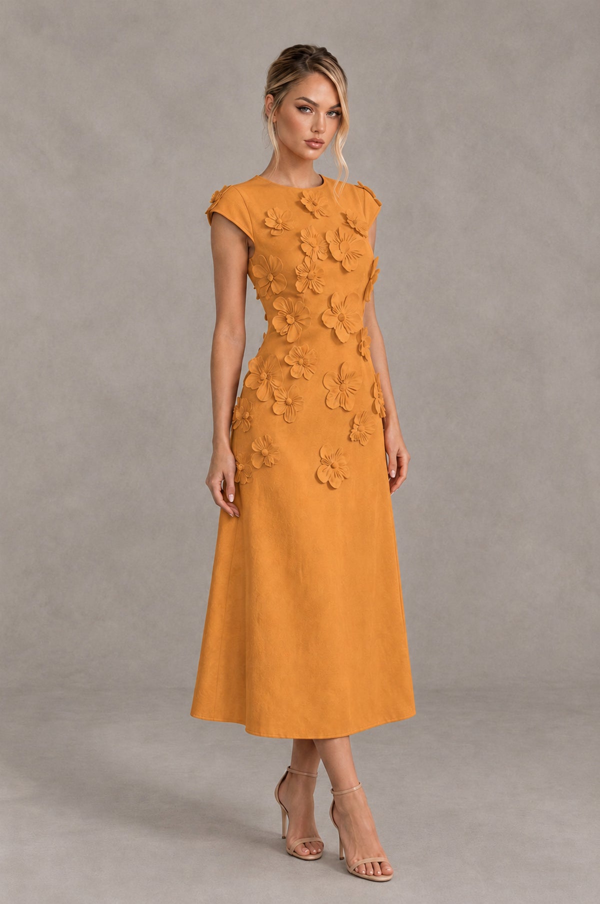 BOLODOO Orange 3D Floral Cap Sleeve Midi Cocktail Dress - Orange - Orange_4