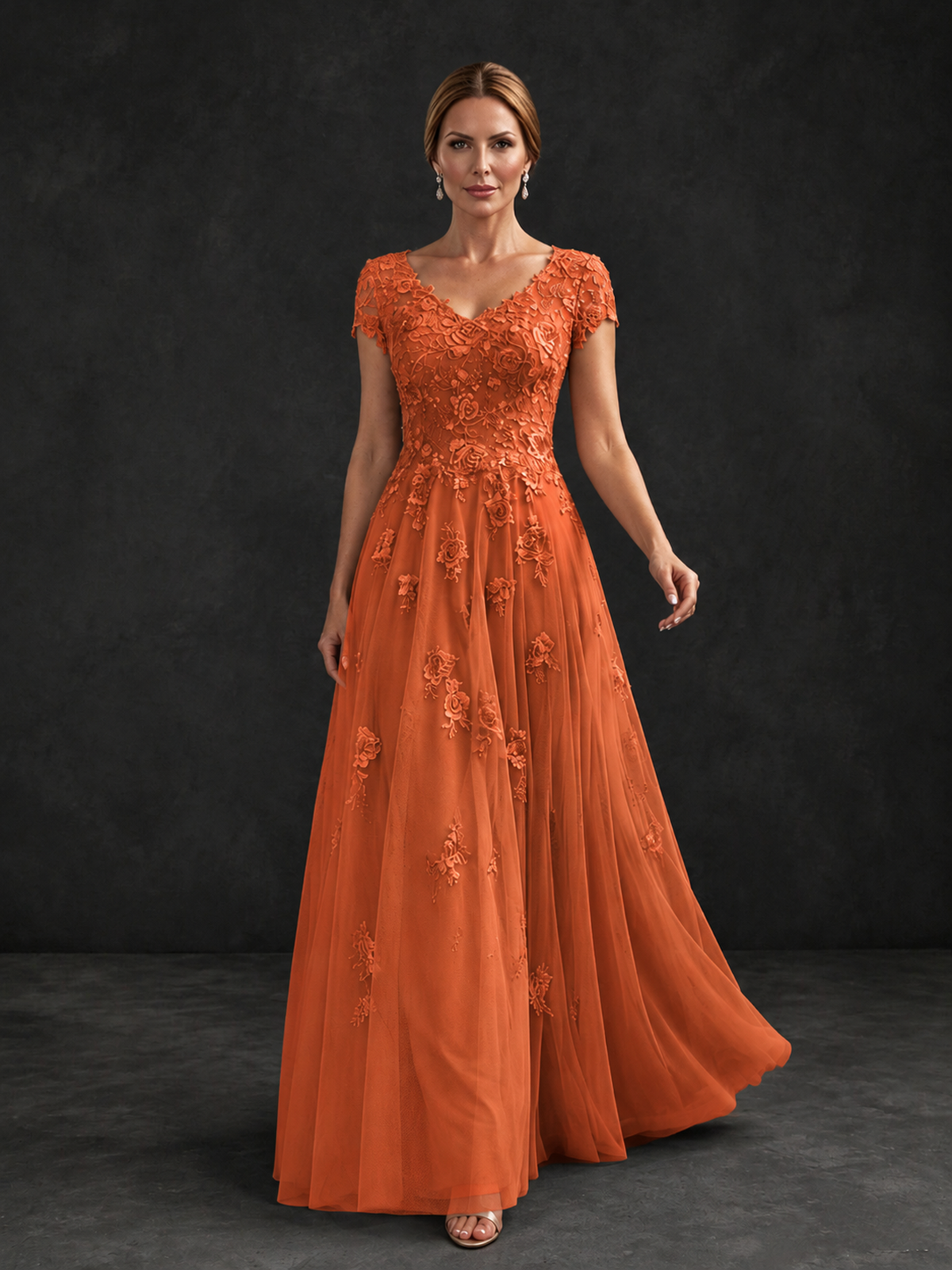 BOLODOO Orange Cap Sleeve Lace Appliqué A-Line Formal Gown | Mother of the Bride Dress - Orange - Orange_4