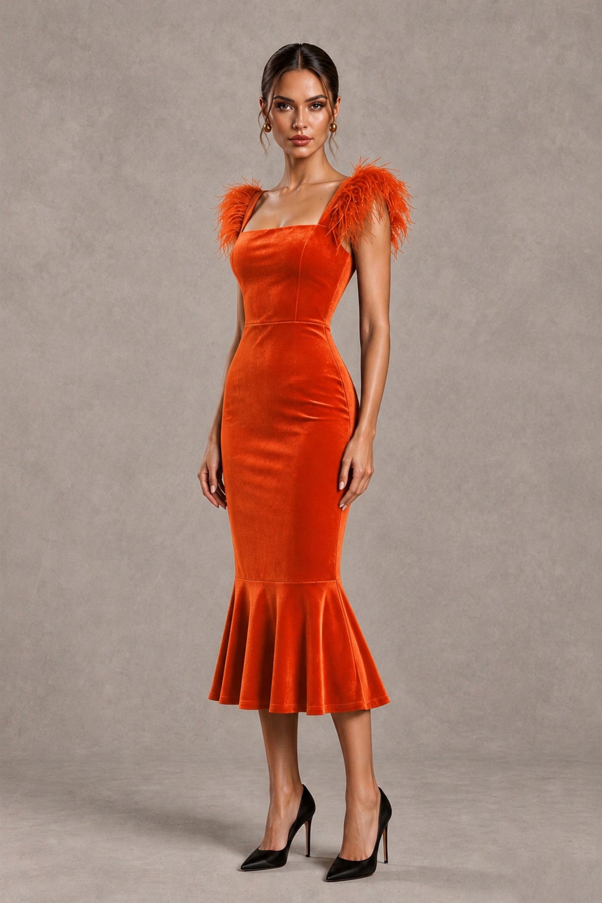 BOLODOO Orange Feather-Trim Velvet-Look Mermaid Midi Dress - Orange - Orange_4