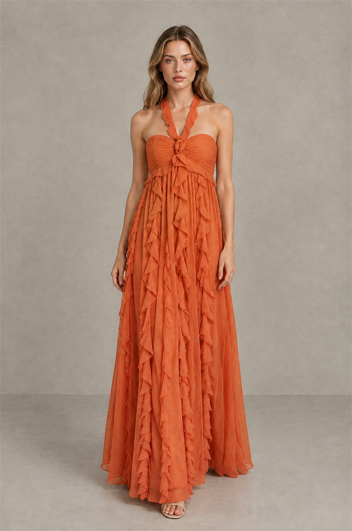 BOLODOO Orange Halter Ruffle A-Line Floor-Length Evening Dress - Orange - Orange_4