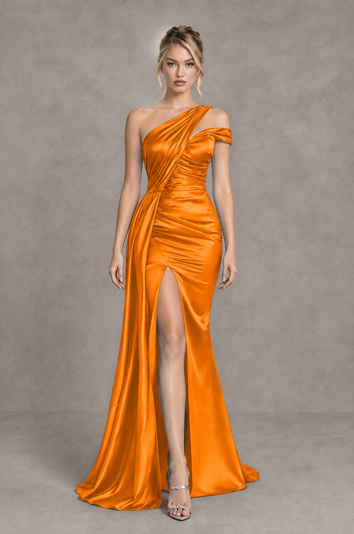 BOLODOO Orange Asymmetric Ruched Formal Evening Dress - Orange - Orange_4