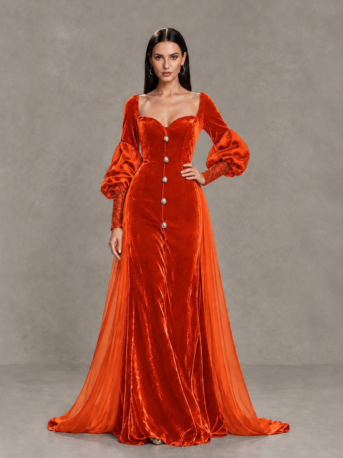 BOLODOO Orange Velvet Long Sleeve Open-Back Evening Gown - Orange - Orange_4