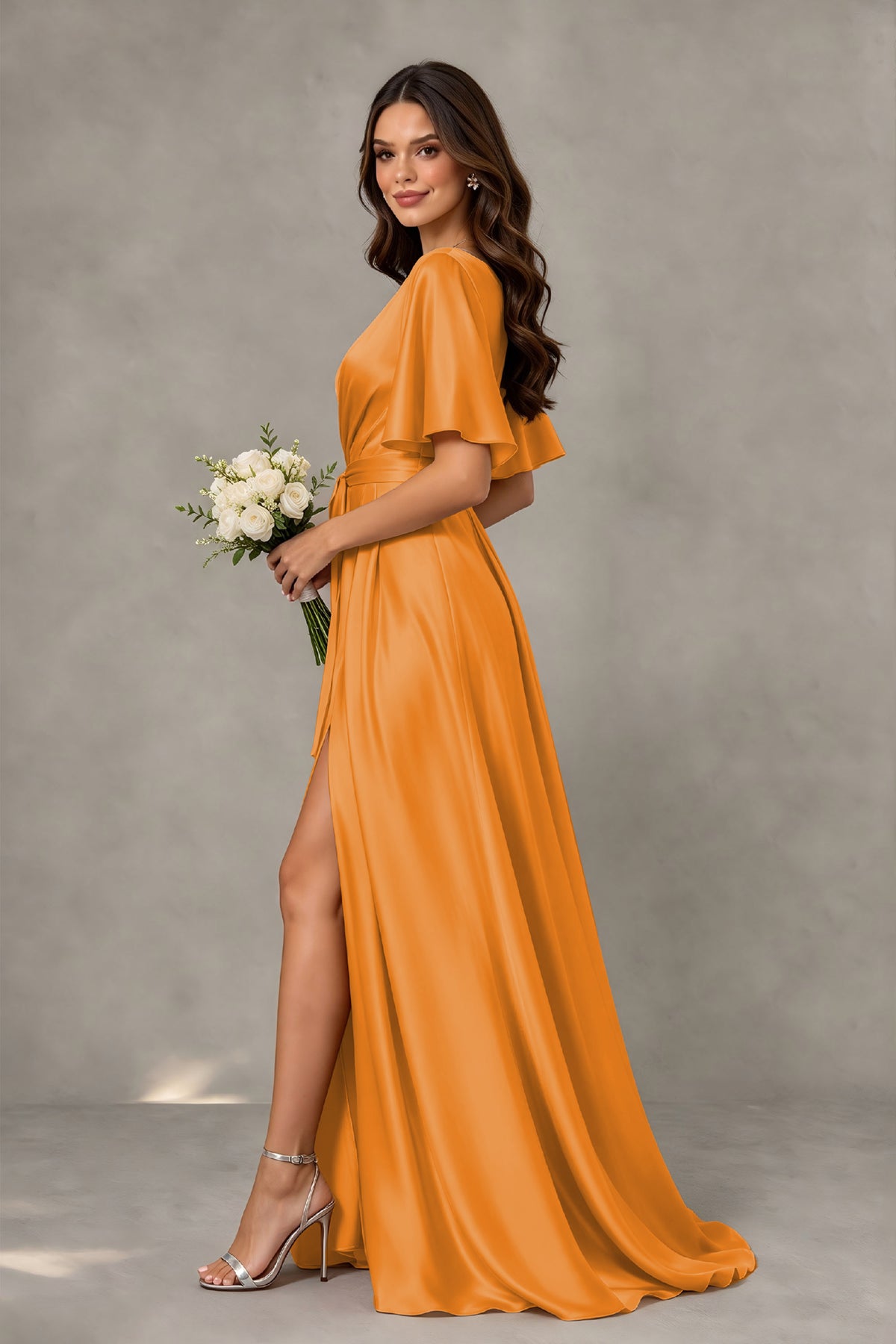 BOLODOO Orange Satin V-Neck Flutter Sleeve Bridesmaid Dress with Slit - Orange - Orange(4)