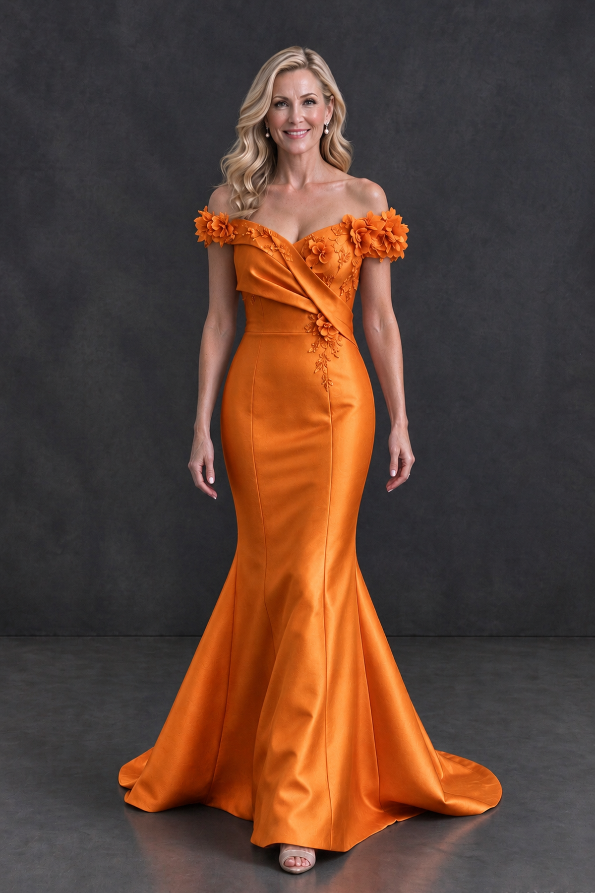 BOLODOO Orange Off-Shoulder Floral Mermaid Mother of the Bride Dress - Orange - Orange_4