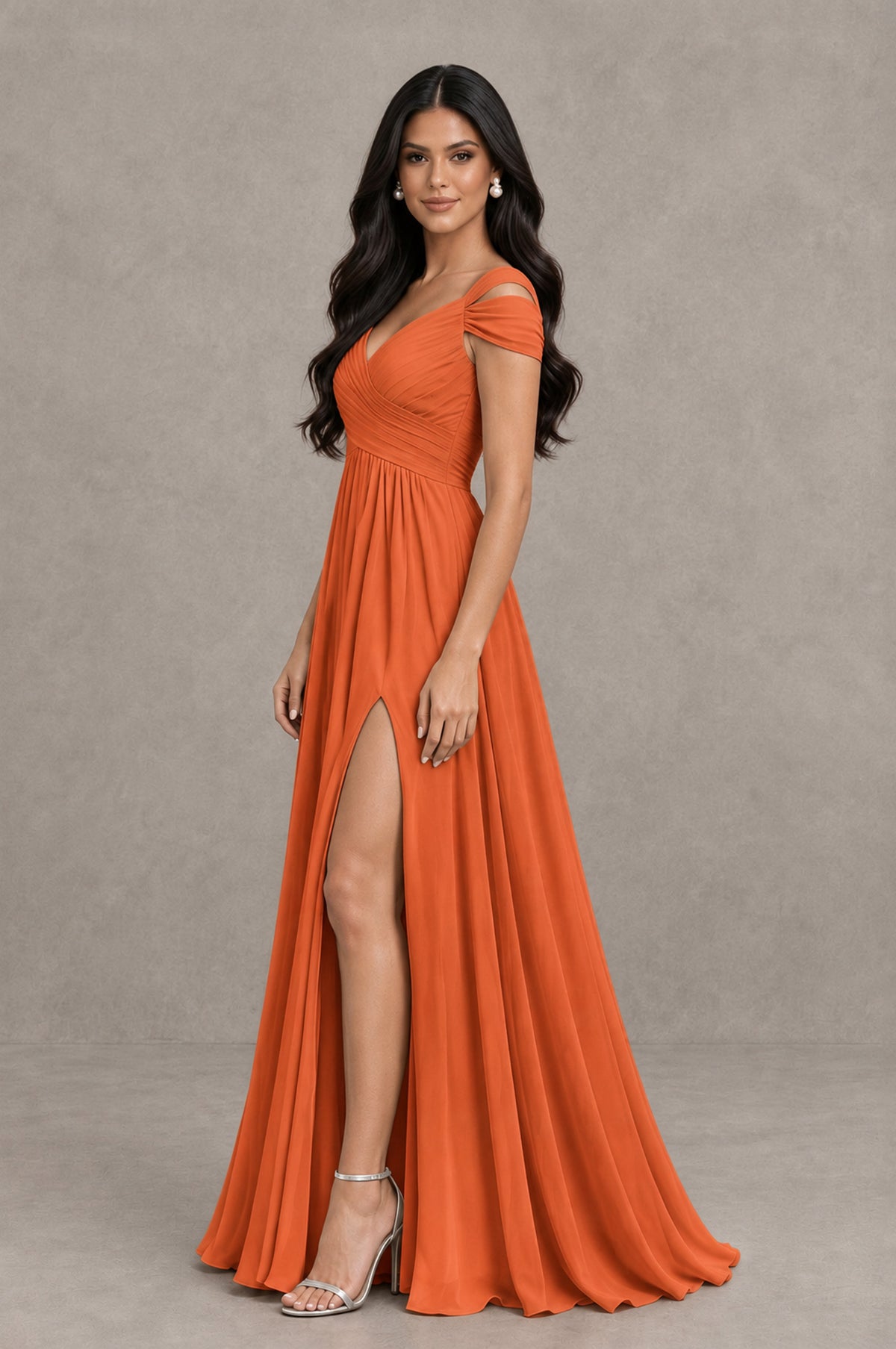 BOLODOO Orange Cold Shoulder Chiffon Evening Dress with V Neck and High Slit - Orange - Orange_4