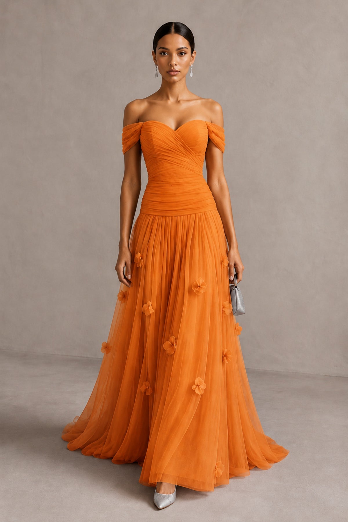 Orange Off-Shoulder Sweetheart A-Line Tulle Gown with 3D Floral Appliques | BOLODOO - Orange