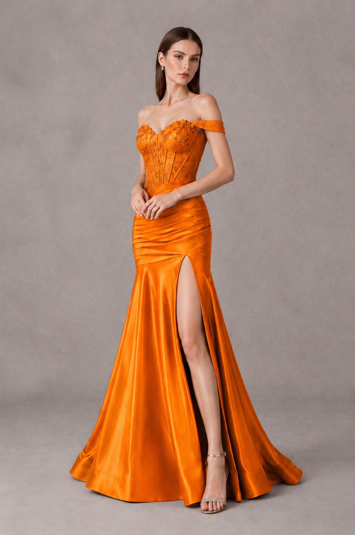 BOLODOO Orange Off-Shoulder Corset Mermaid Prom Dress with Slit Sequin Lace Evening Gown - Orange - Orange_4