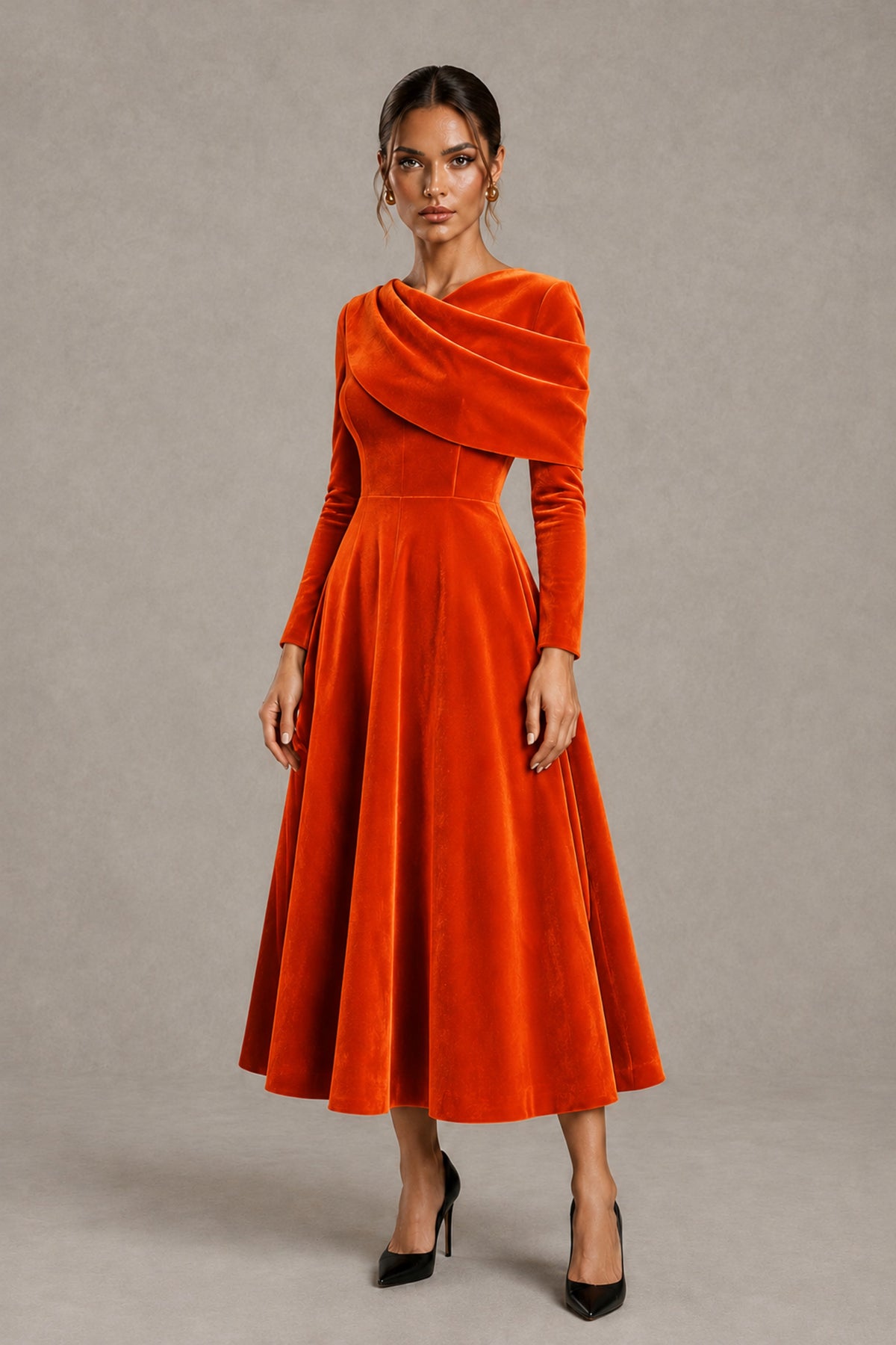 BOLODOO Orange Velvet-Look Long Sleeve Tea-Length A-Line Dress with Draped Neckline - Orange - Orange_4