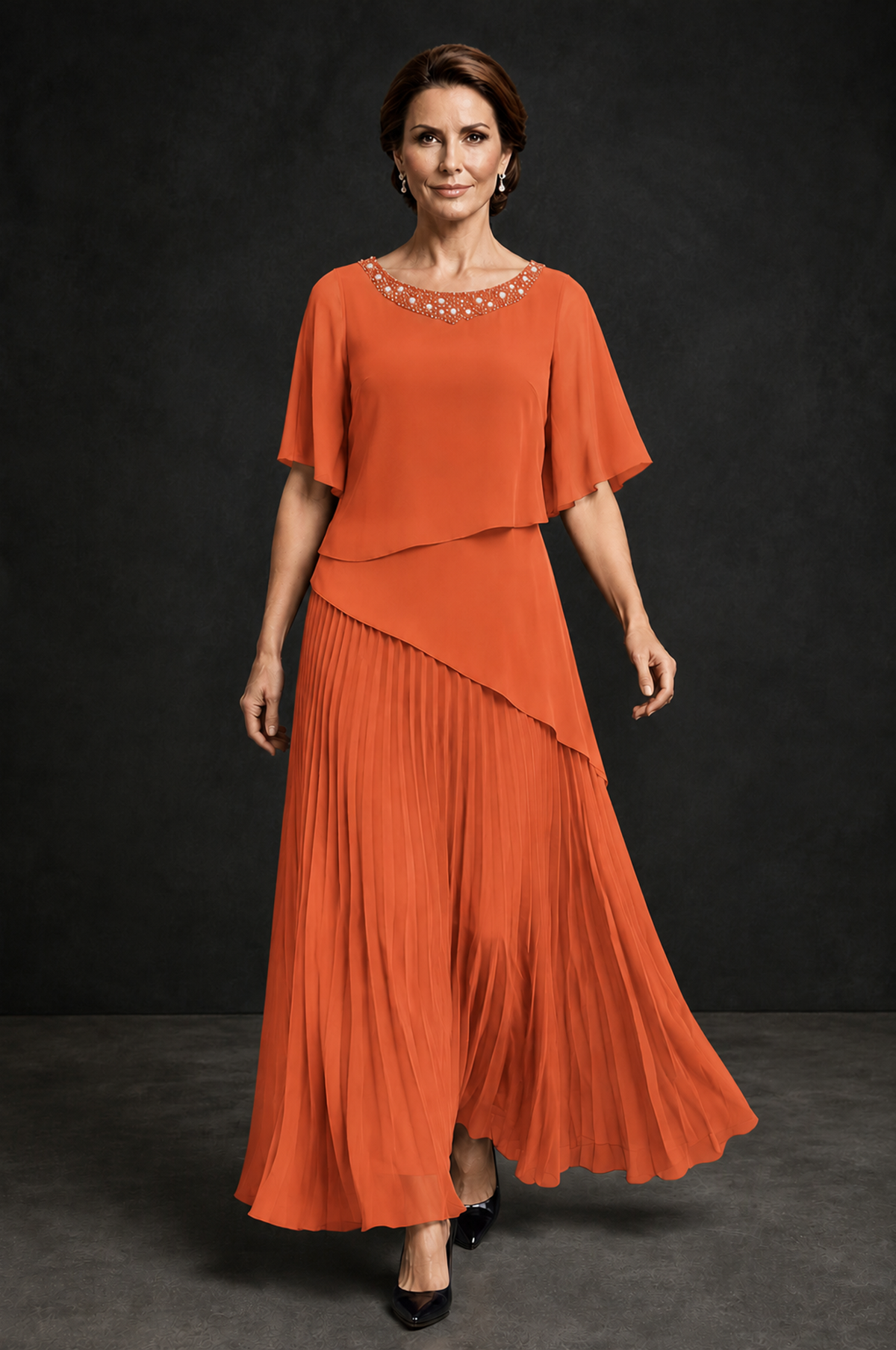 BOLODOO Orange Pearl Beaded Neck Asymmetric Tiered Flutter Sleeve Pleated Chiffon Maxi Dress - Orange - Orange_4