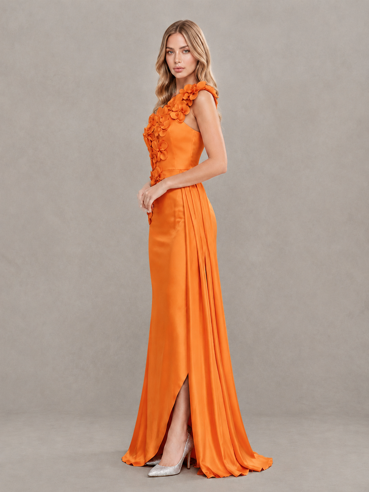BOLODOO Orange One-Shoulder Satin Mermaid Evening Gown with 3D Floral Appliqué - Orange - Orange_4