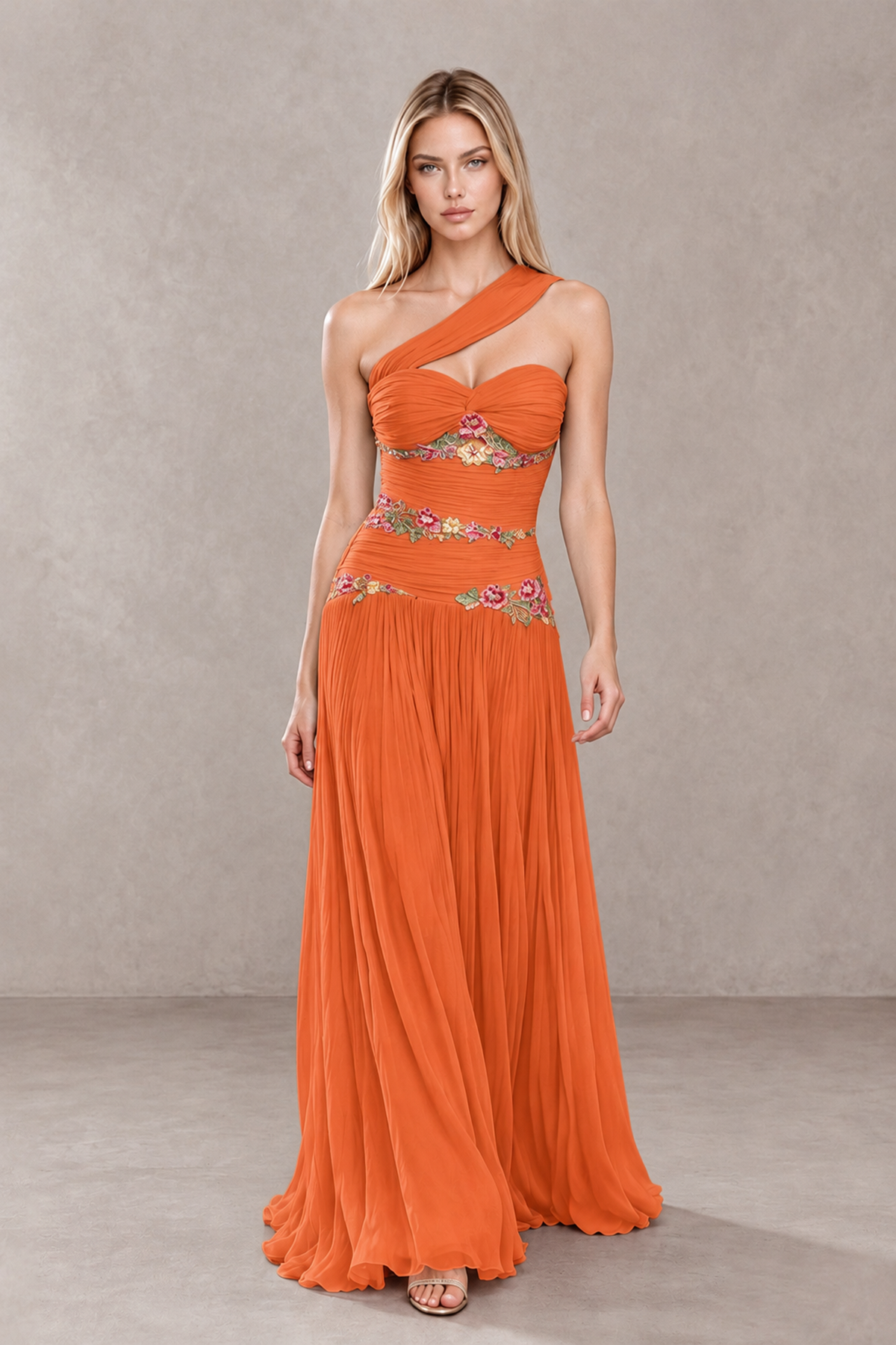 BOLODOO Orange One-Shoulder Floral Applique A-Line Evening Dress - Orange - Orange_4