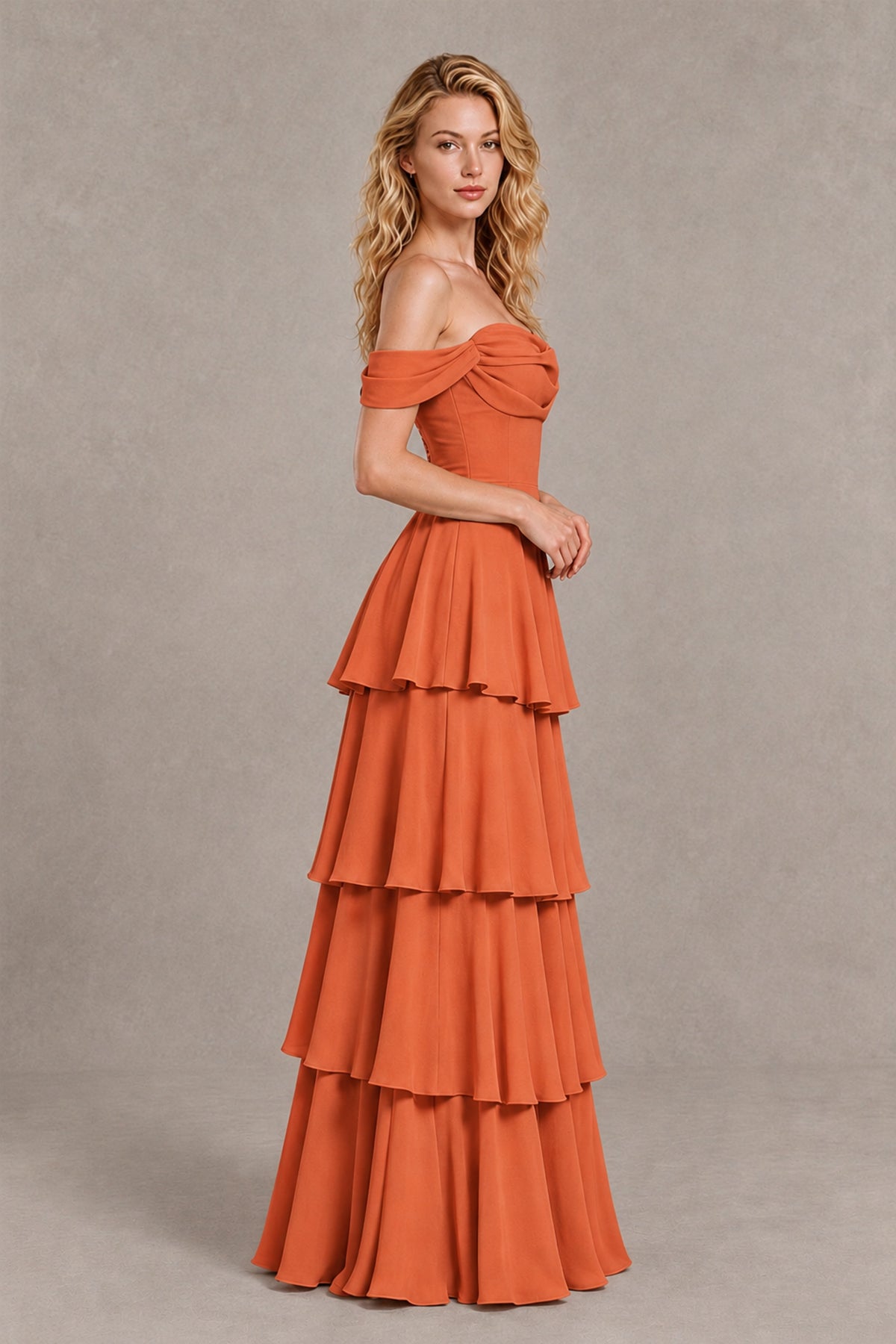 BOLODOO Orange Off-the-Shoulder Tiered A-Line Evening Bridesmaid Dress - Orange - Orange_4