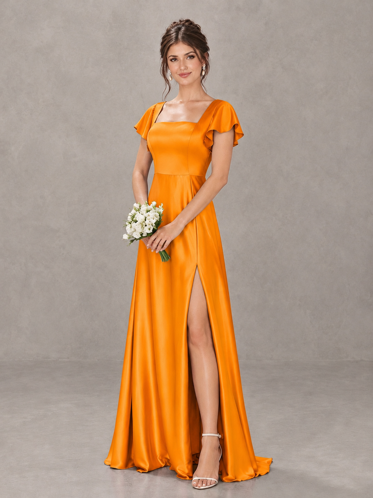 BOLODOO Orange Satin Square Neck Flutter Sleeve A-Line Bridesmaid Dress with Slit - Orange - Orange_4