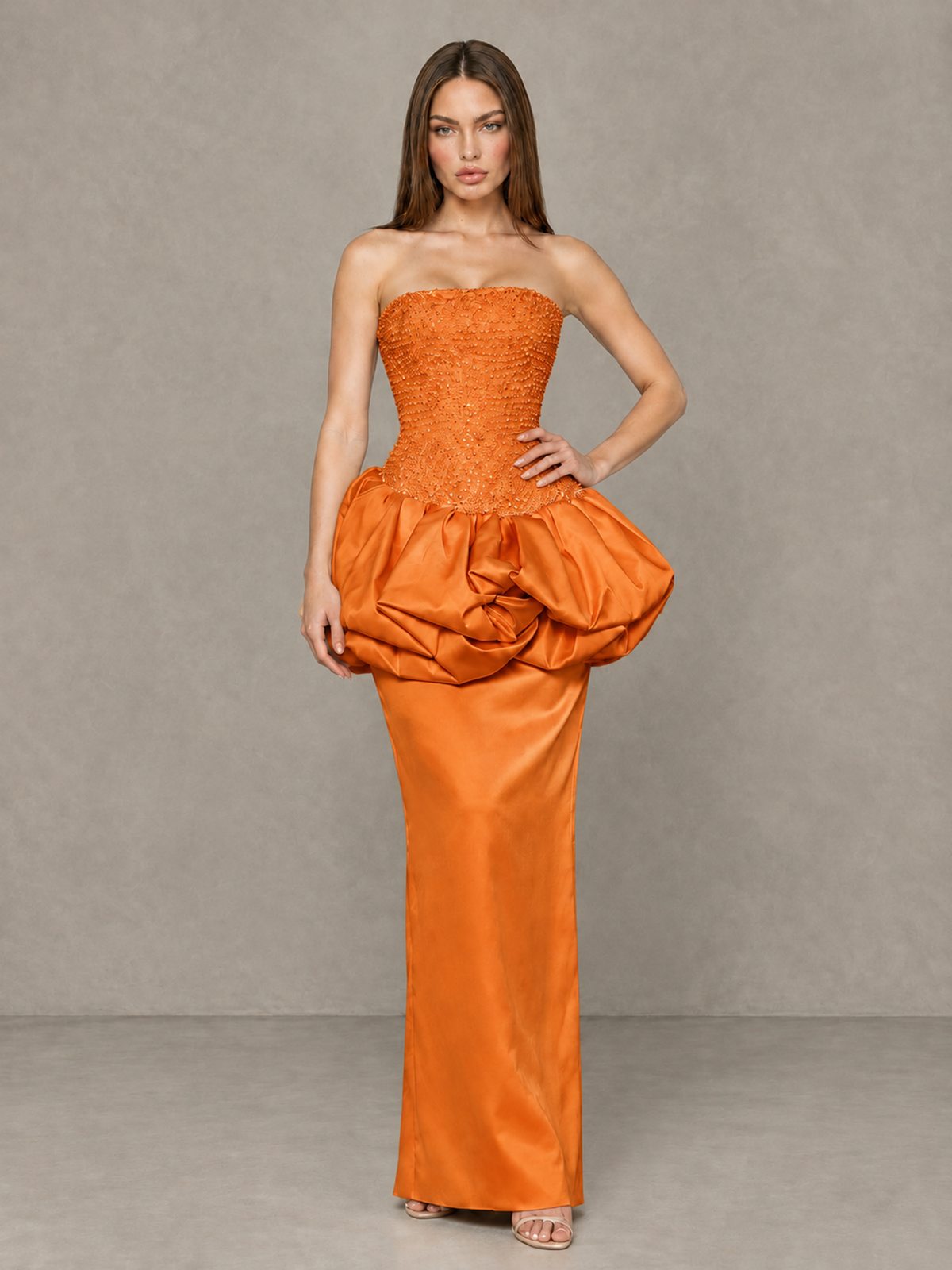 BOLODOO Orange Strapless Embellished Bubble Peplum Evening Dress - Orange - Orange_4