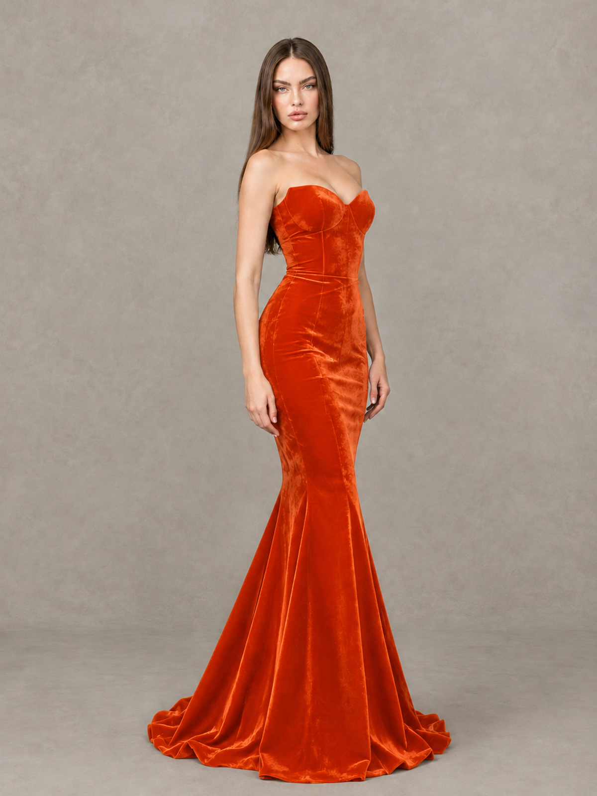 BOLODOO Orange Strapless Sweetheart Velvet-Look Mermaid Evening Dress - Orange - Orange_4