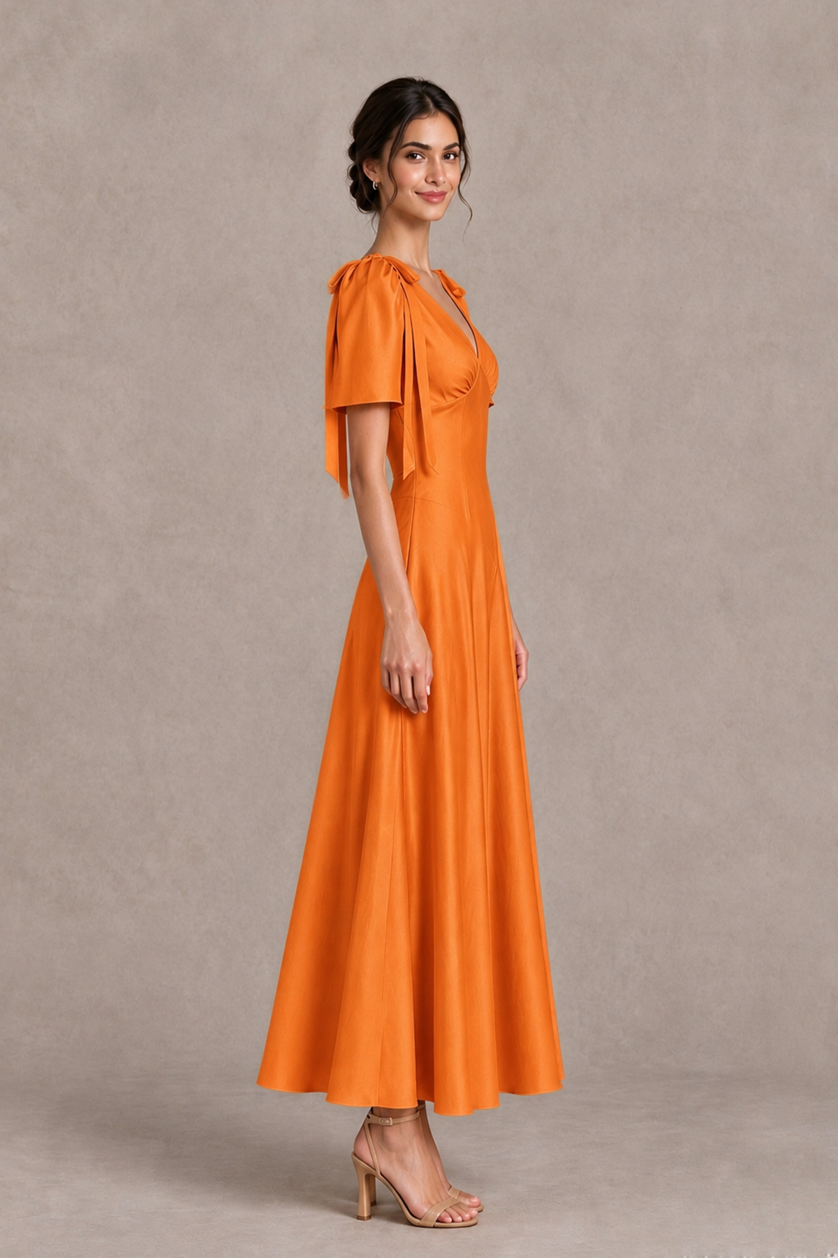 BOLODOO Orange V-Neck Short Sleeve Satin-Look Bridesmaid Dress with Shoulder Bows - Orange - Orange_4