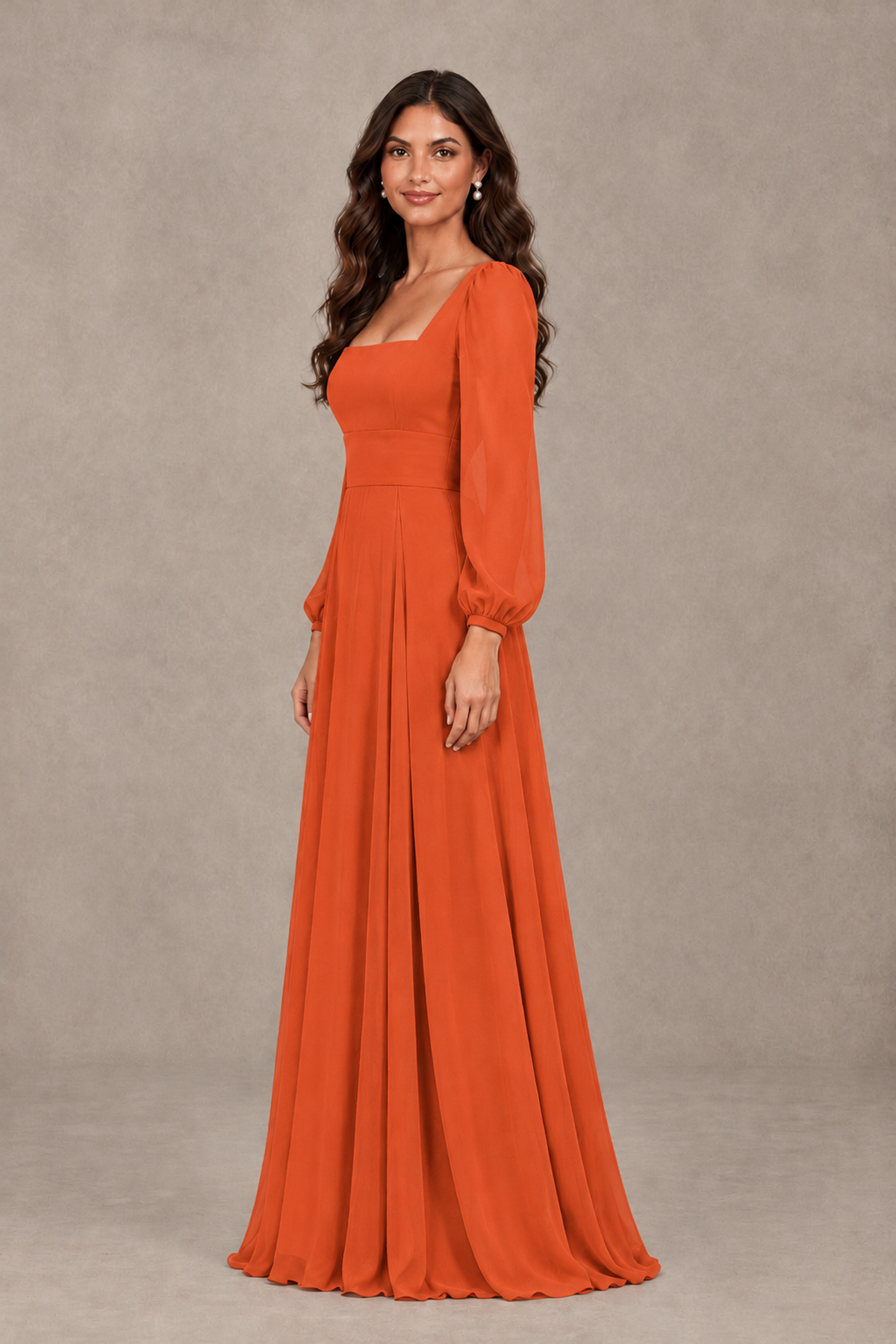 BOLODOO Orange Square Neck Long Sleeve A-Line Bridesmaid Dress - Orange - Orange_4
