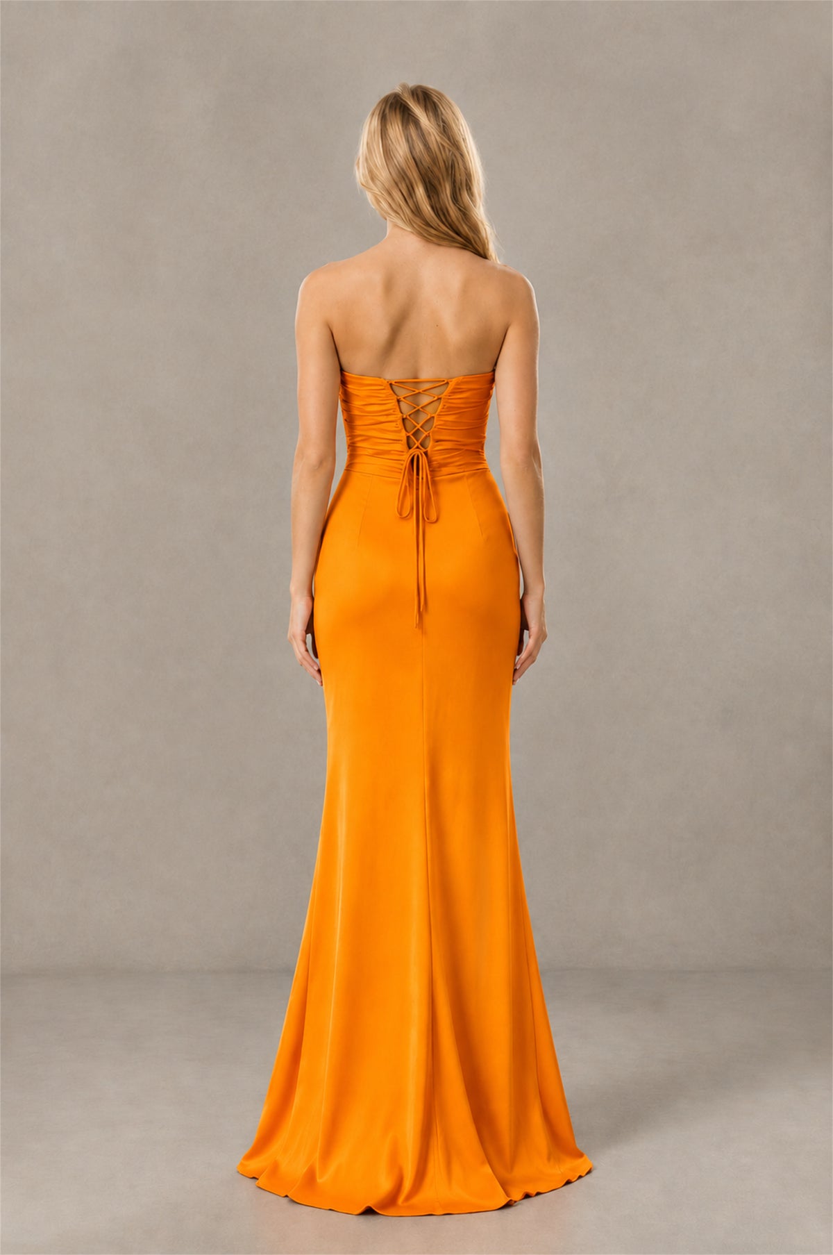 BOLODOO Orange Sweetheart Strapless Twist Knot Cutout Lace-Up Back Satin Mermaid Maxi Dress - Orange - Orange(4)