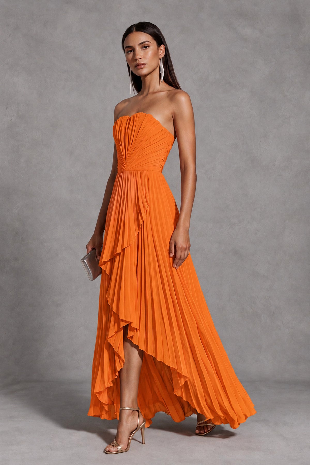 Orange Strapless Pleated High-Low Evening Gown with Ruffle Hem - Orange