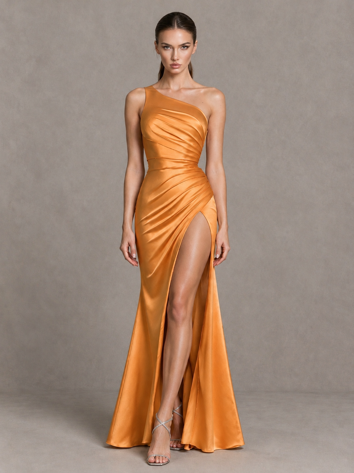 BOLODOO Orange One-Shoulder Ruched Satin-Look Evening Gown with High Slit - Orange - Orange_4