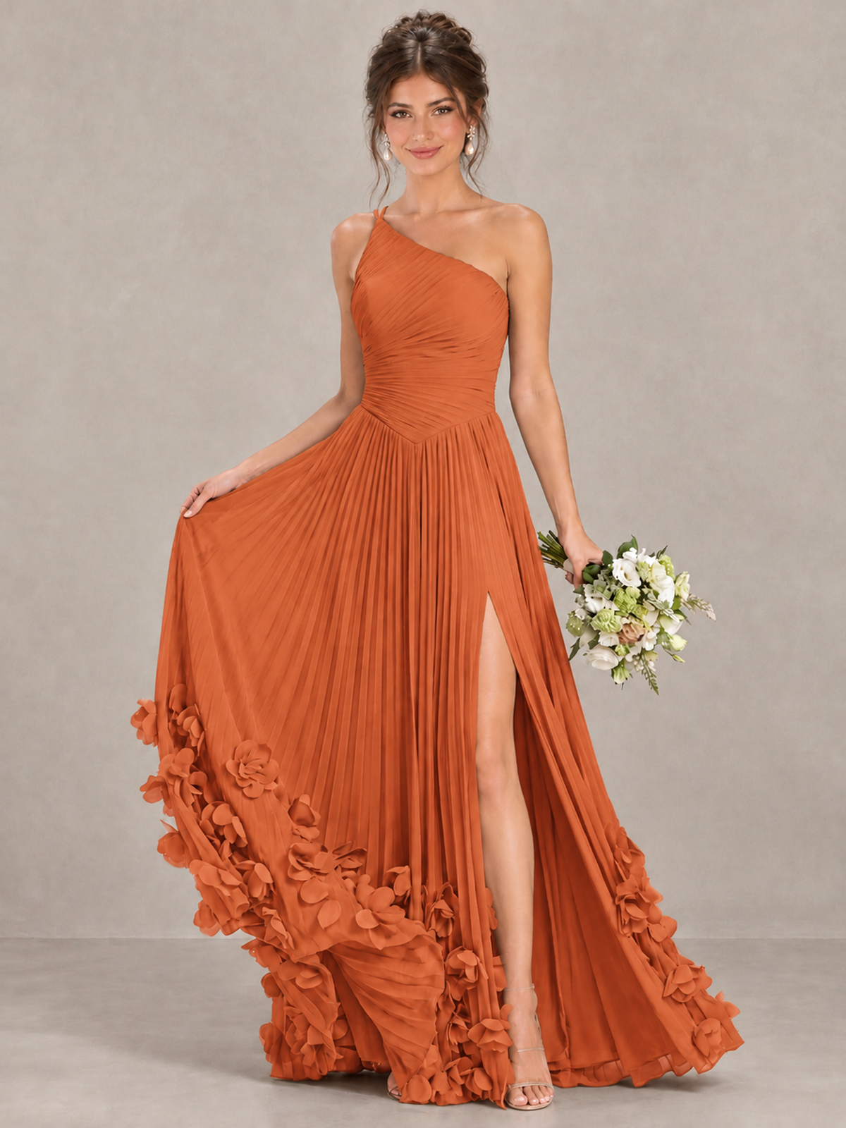 BOLODOO Orange One-Shoulder Pleated Bridesmaid Dress with 3D Floral Hem - Orange - Orange_4