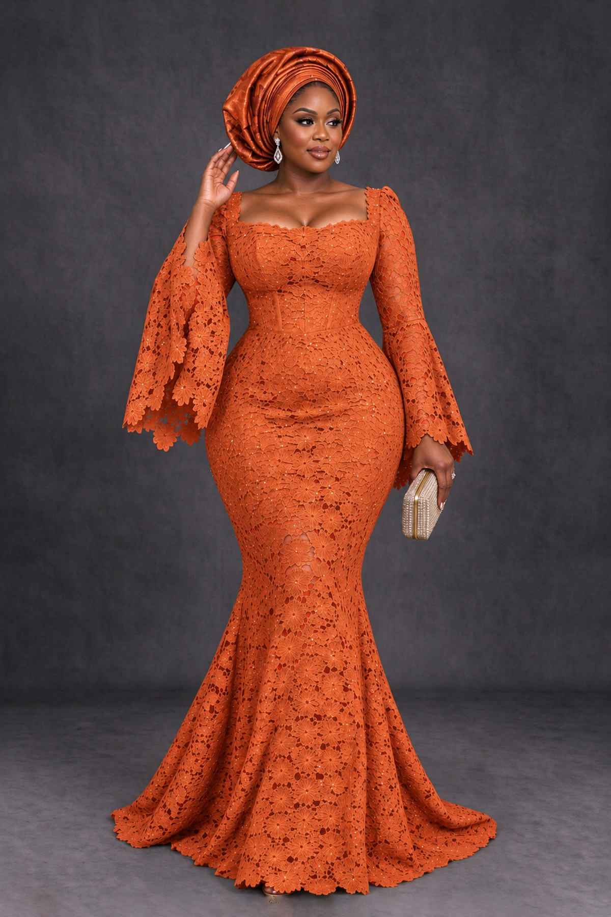 BOLODOO Orange African Lace Mermaid Dress, Plus Size Nigerian Wedding Guest Gown with Bell Sleeves - Orange - Orange_4