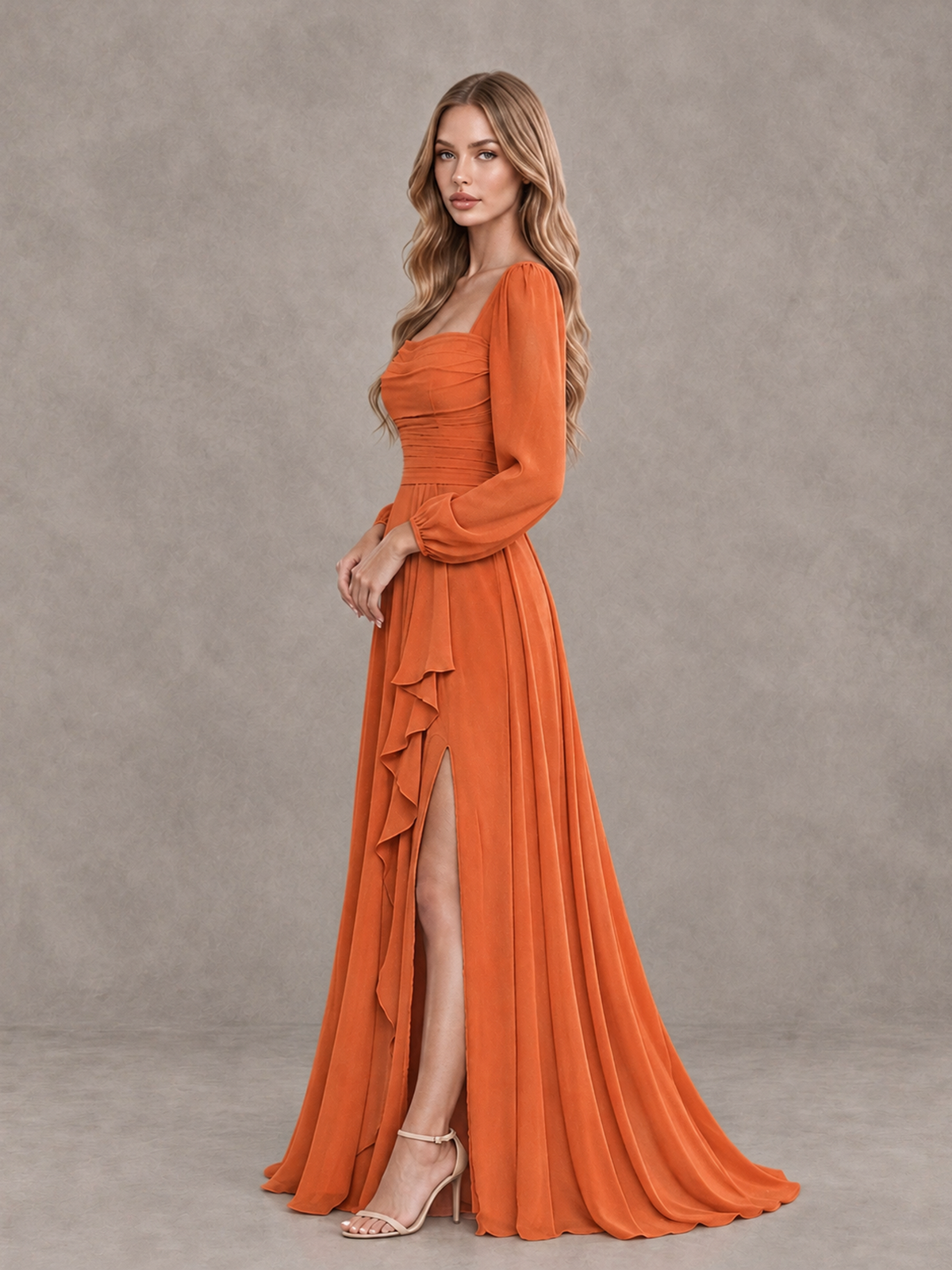BOLODOO Orange Square Neck Long Sleeve Bridesmaid Dress with Ruffle Slit - Orange - Orange_4