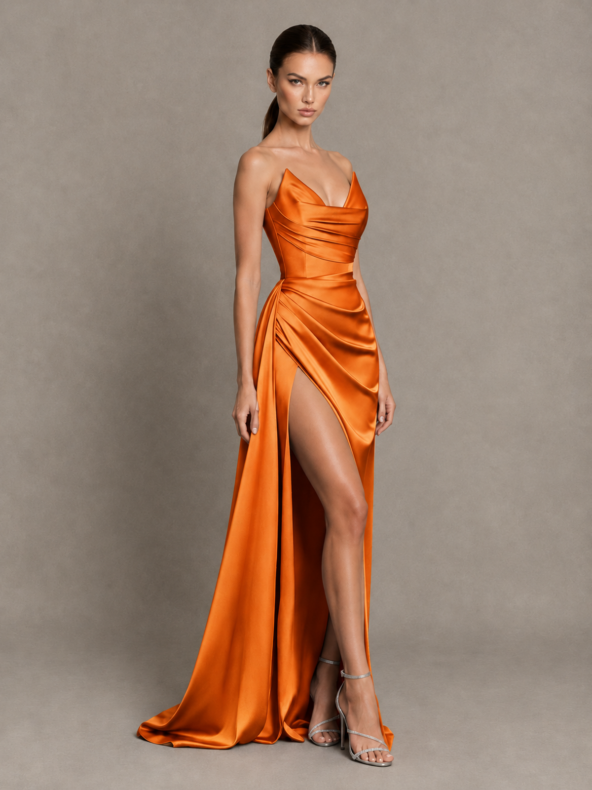BOLODOO Orange Strapless Satin High-Slit Lace-Up Prom Dress - Orange - Orange_4