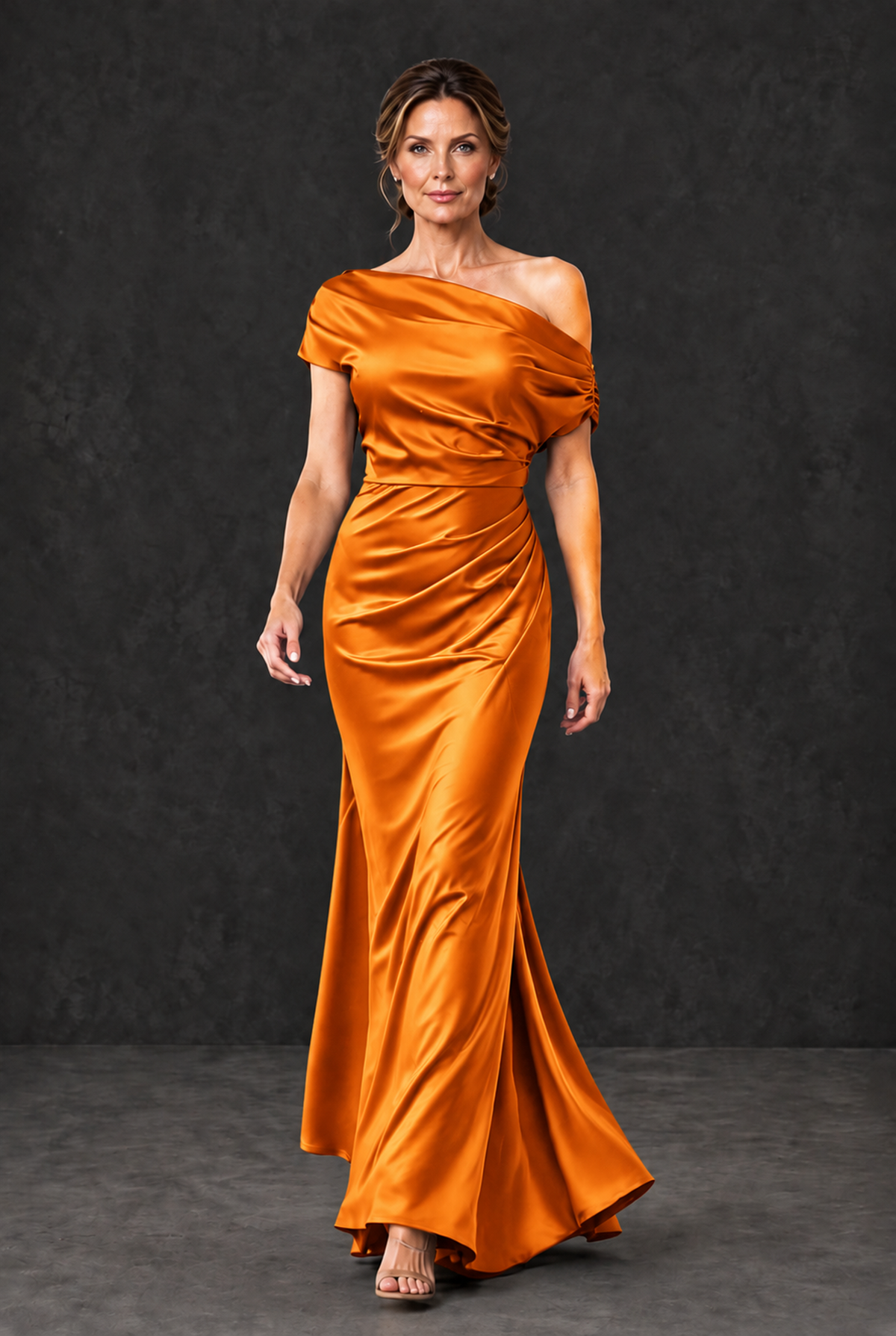 BOLODOO Orange Asymmetric Ruched Mother of the Bride Dress - Orange - Orange_4