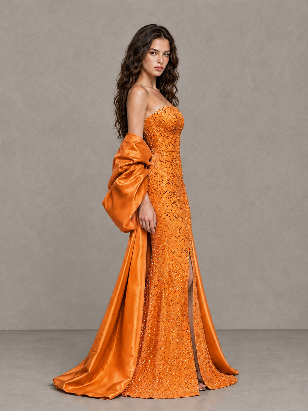 BOLODOO Orange Strapless Sparkle Mermaid Prom Dress with Front Slit and Draped Sleeves - Orange - Orange_4