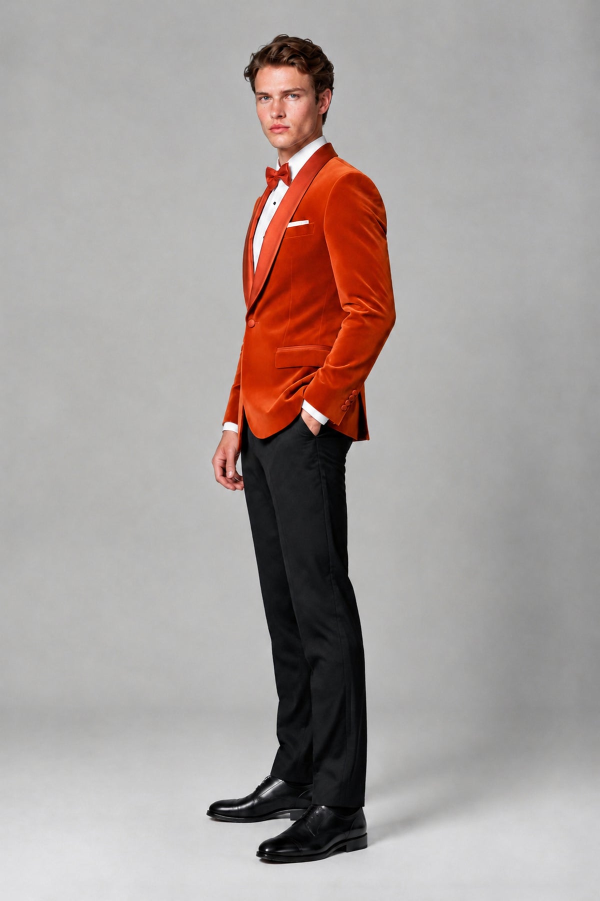 BOLODOO Men's Orange Velvet Blazer | Shawl Lapel Tuxedo Jacket - Orange - Orange_4